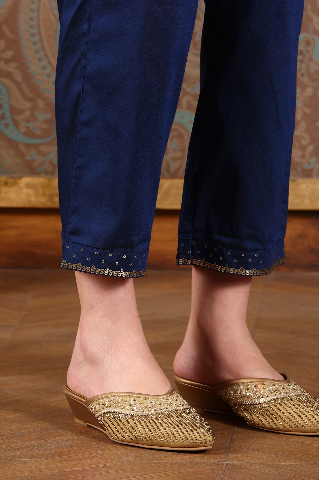 Navy Blue Embellished Ankle-Length Straight Pants