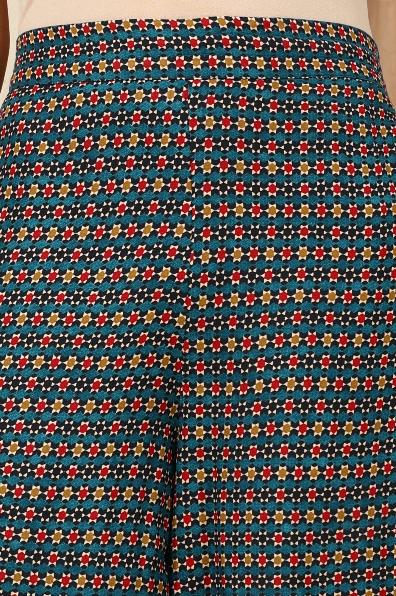 Teal Multi-Coloured Geometric Printed Parallel Pants With Printed Hemline