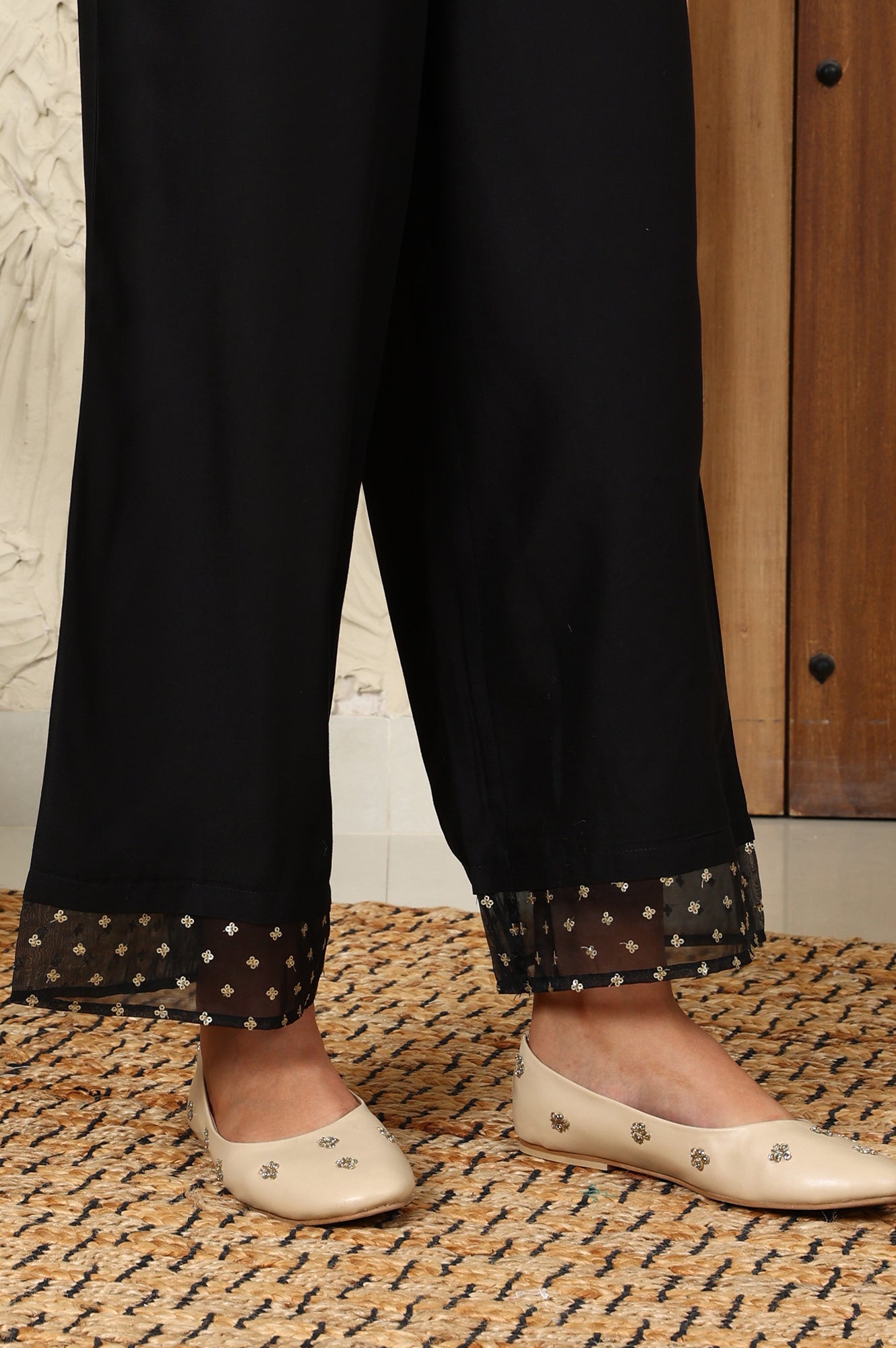 Black Solid Rayon Parallel Pants With Embellished Organza Hemline