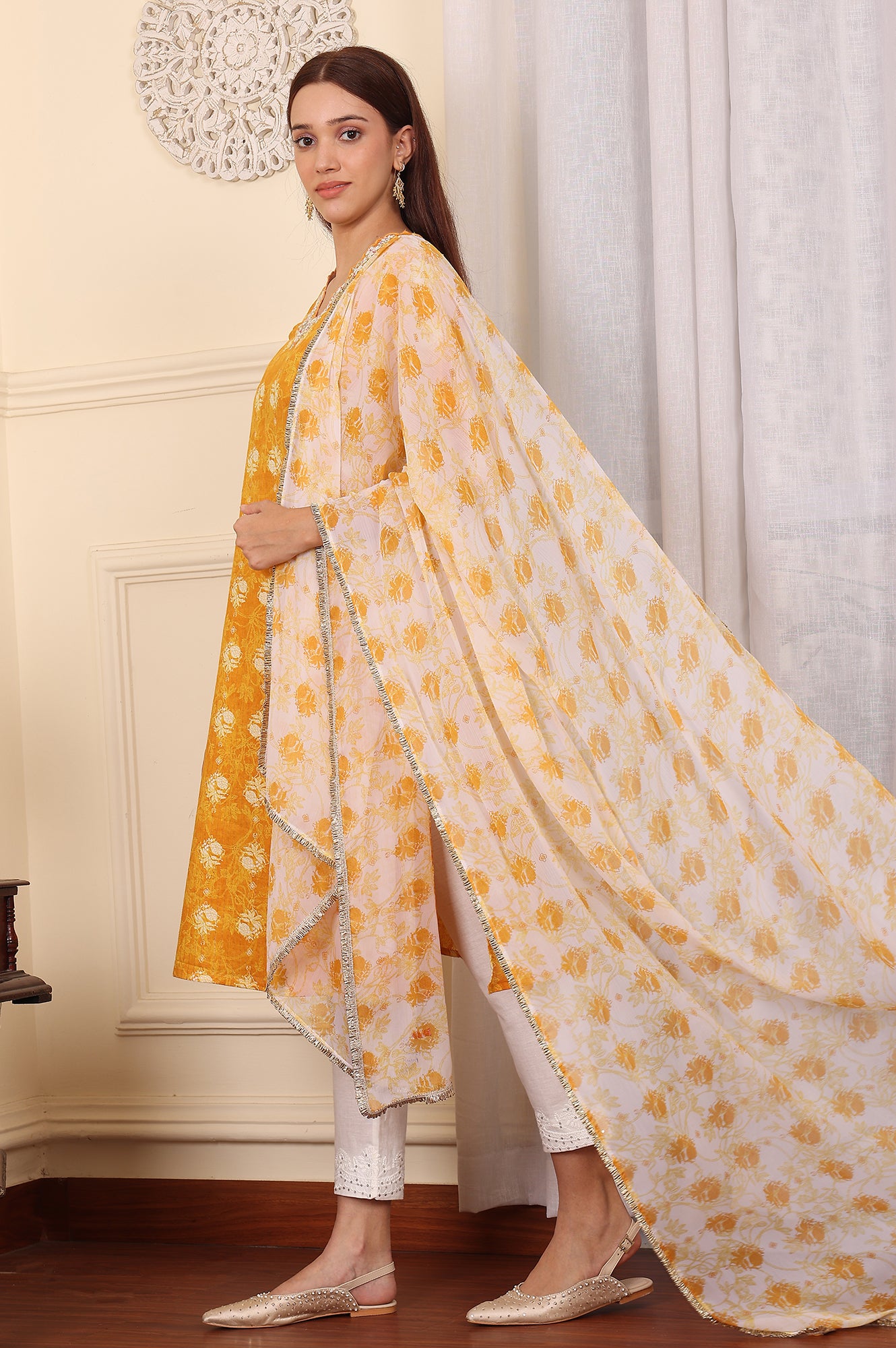 White And Yellow Floral Printed Chiffon Dupatta With Gota Patti Border