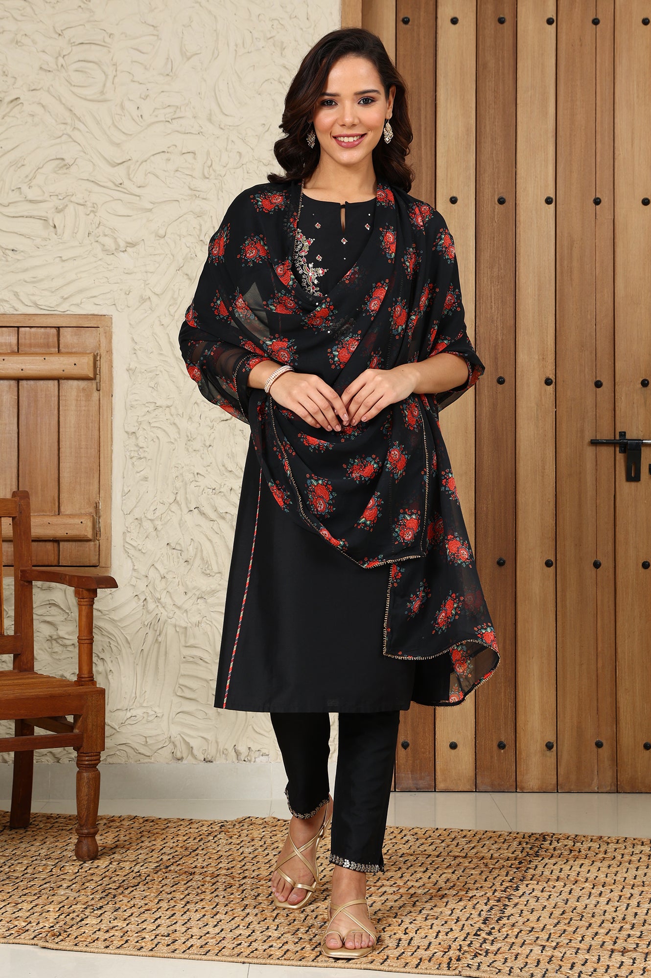 Black Floral Printed Chiffon Dupatta
