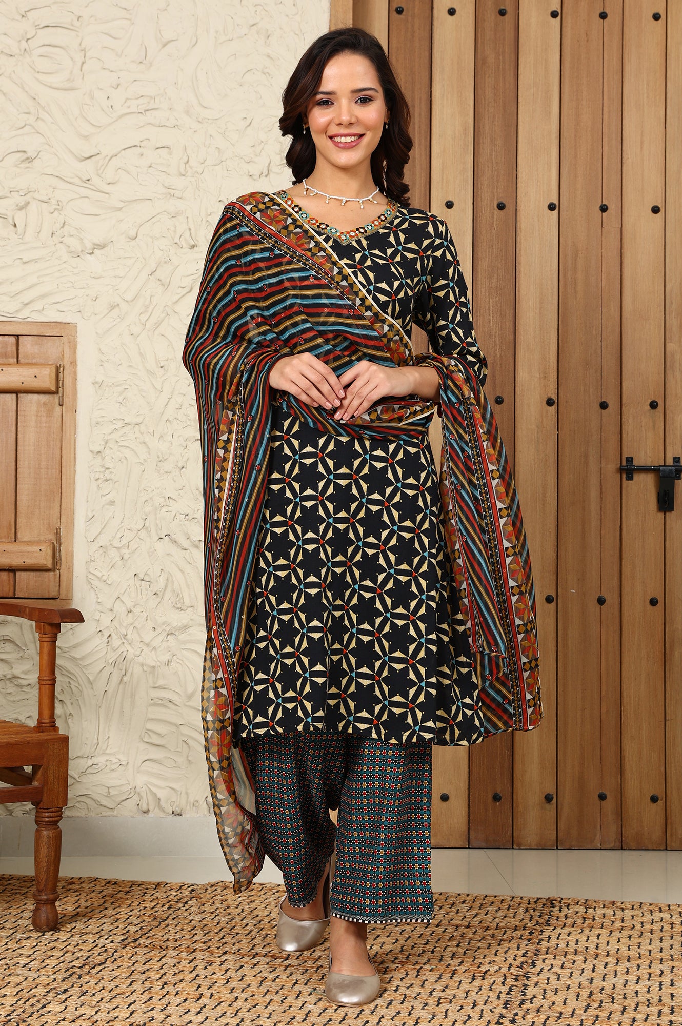 Multi-Coloured Stripe Printed Chiffon Dupatta