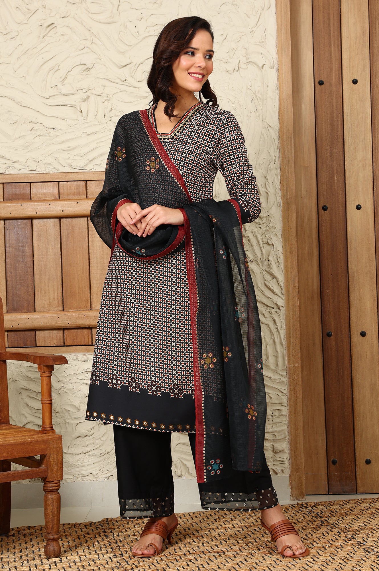 Black Floral Printed Kota Dupatta