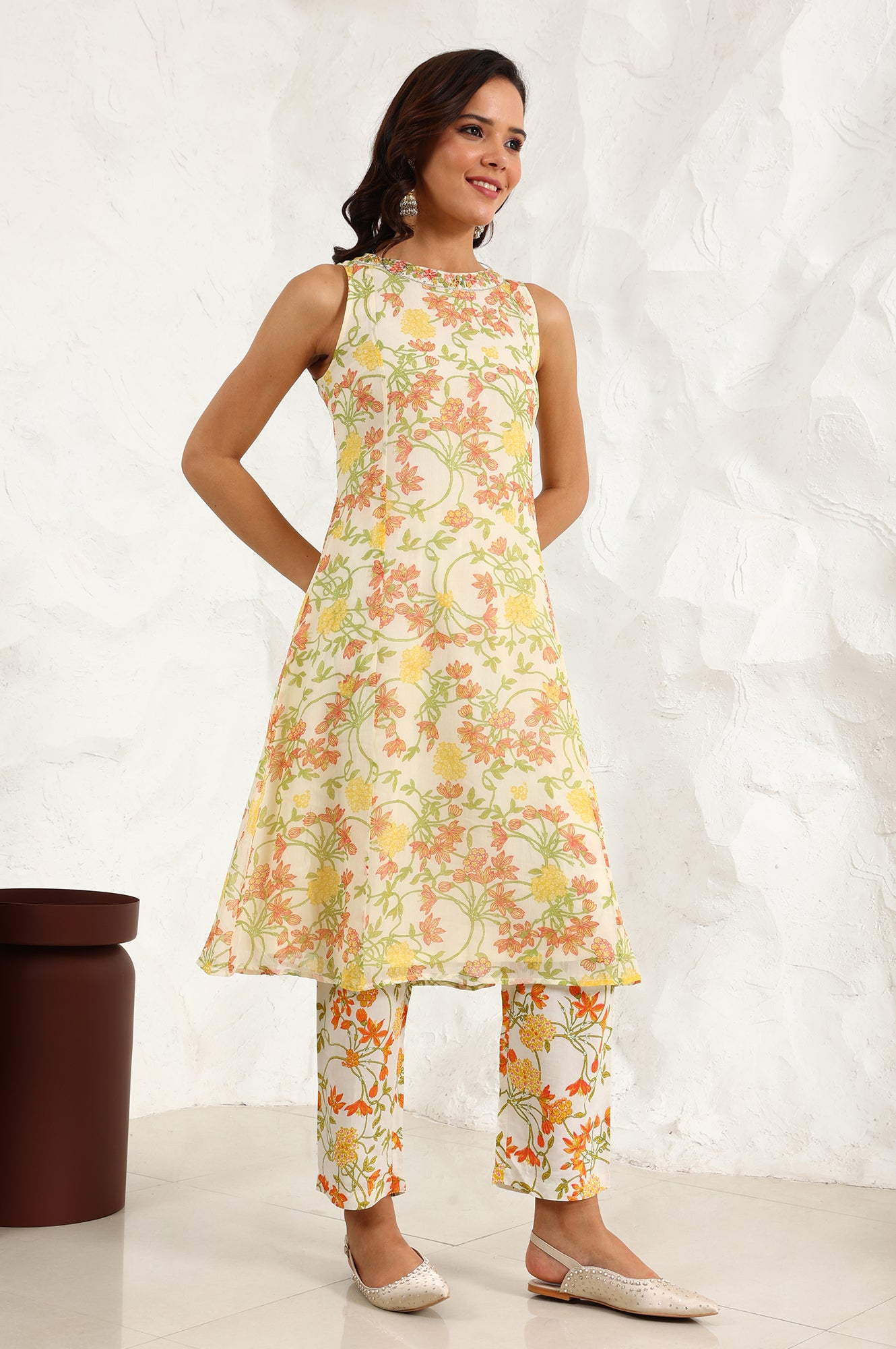 White Floral Printed Thread Embroidered Neck Chiffon A-Line Kurta, Straight Pants And Dupatta Set - wforwoman