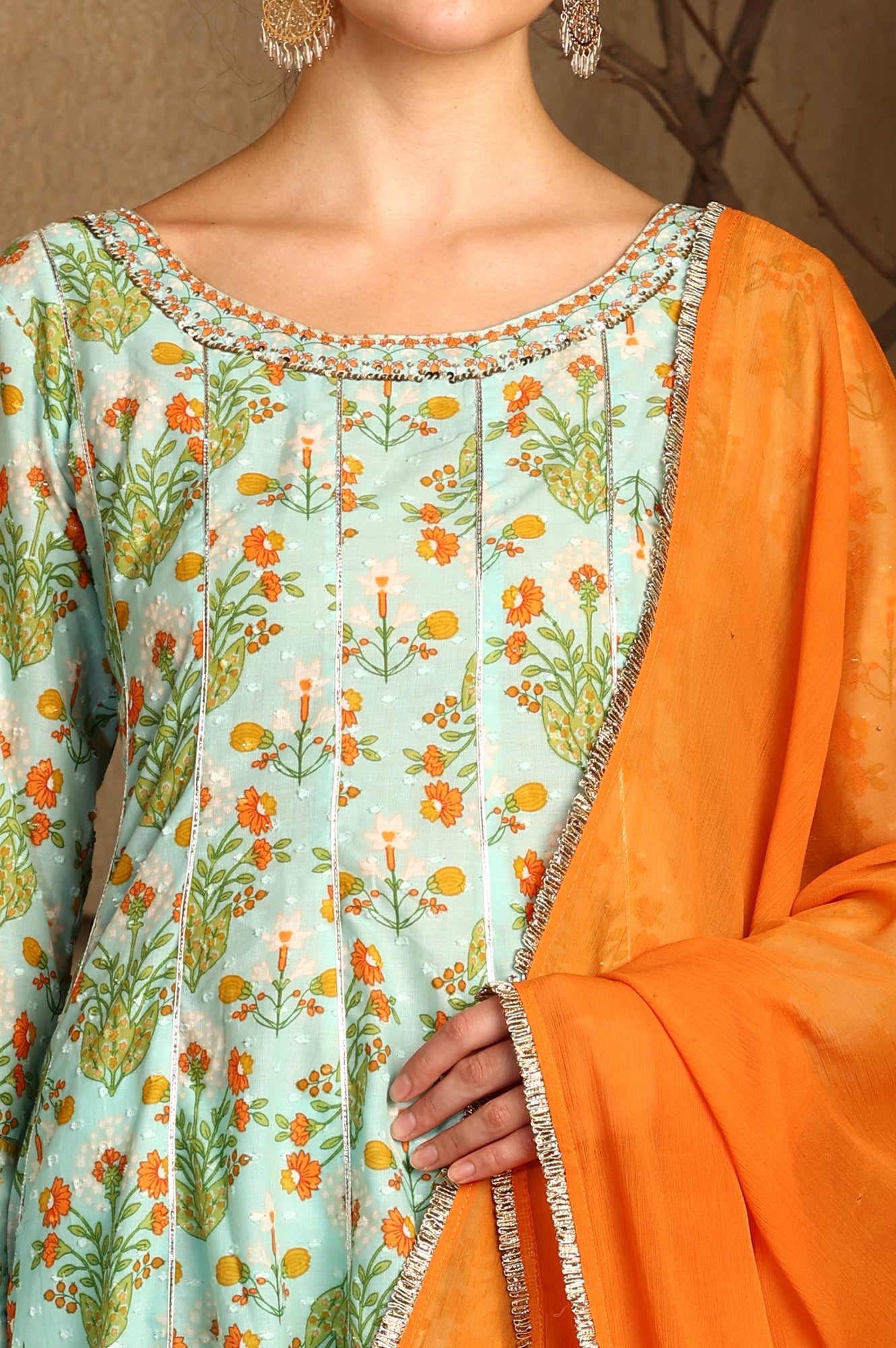 Blue Floral Printed Embellished Panelled Chanderi Kurta, Tights And Dupatta Set