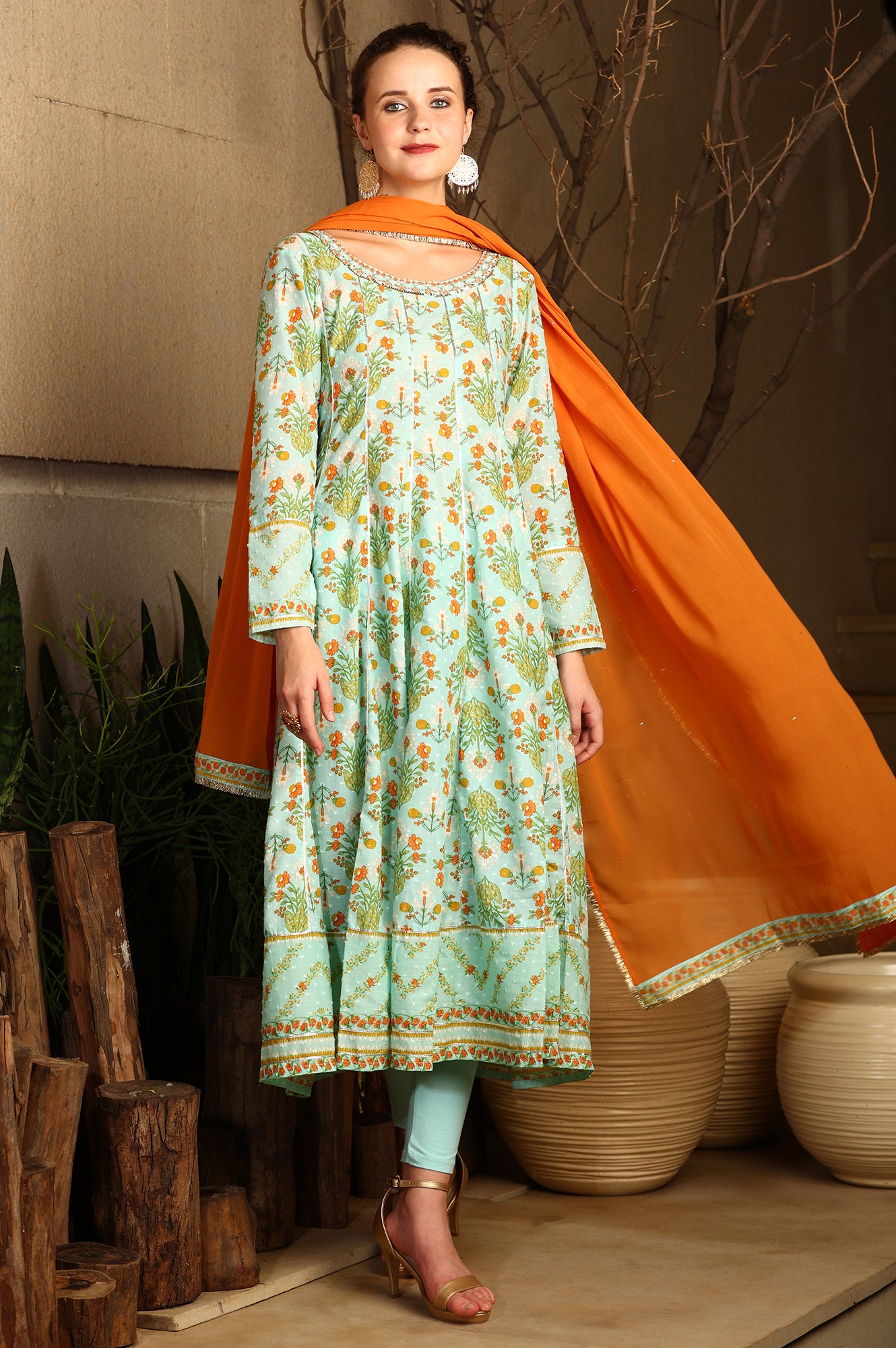Blue Floral Printed Embellished Panelled Chanderi Kurta, Tights And Dupatta Set