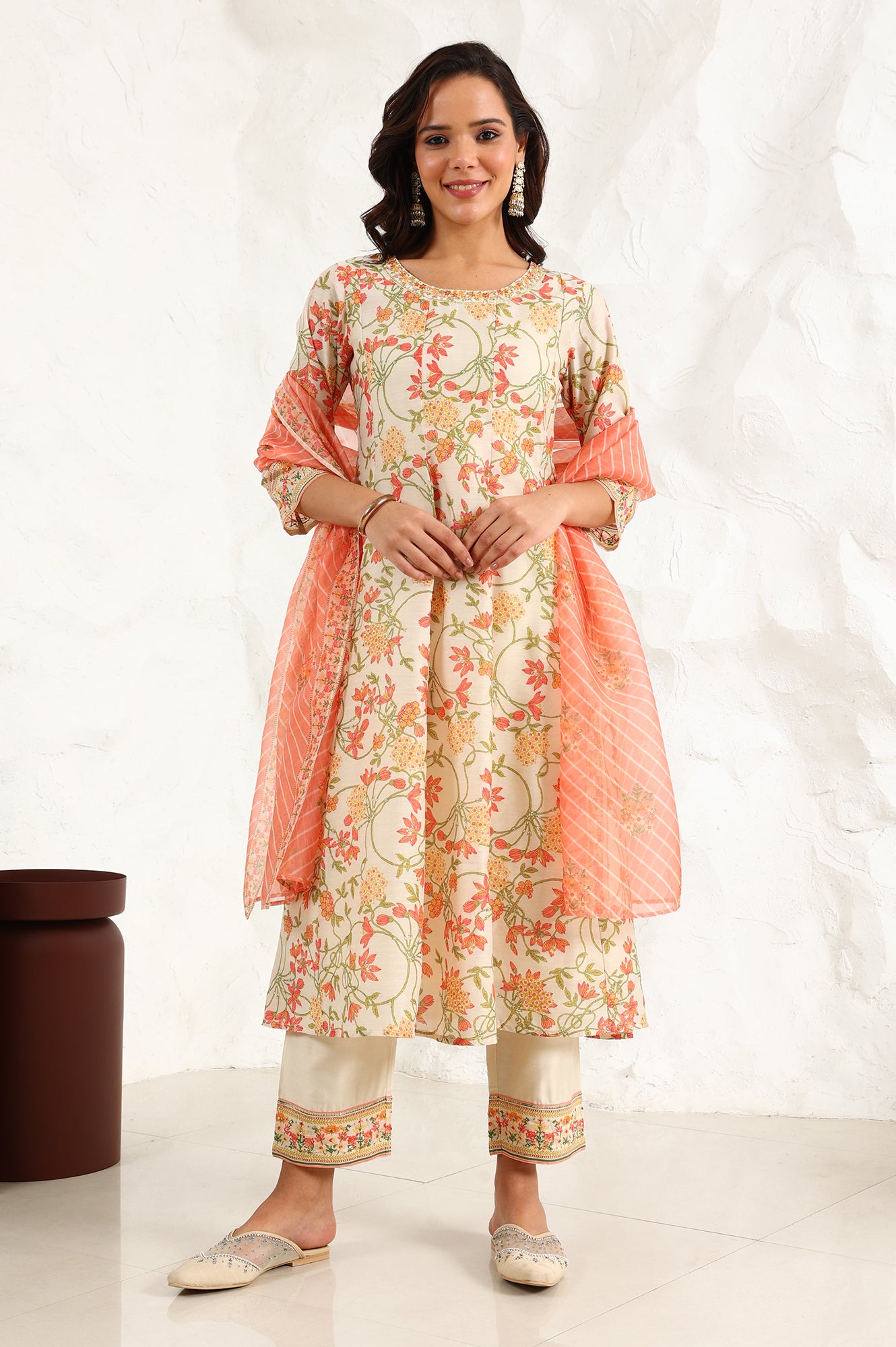 White Floral Printed Thread Embroidered Neck Chiffon Flared Kurta, Straight Pants And Dupatta Set - wforwoman