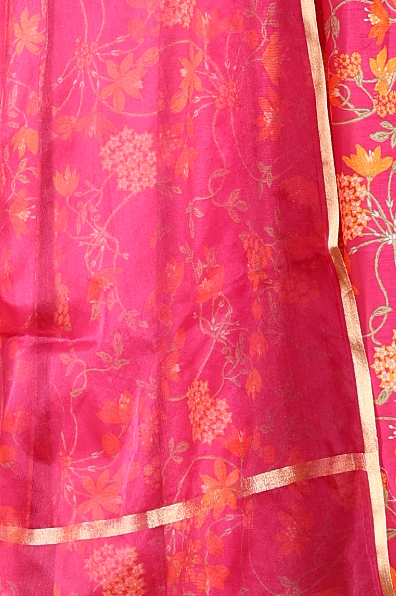 Magenta Pink Floral Printed Kalidar Flared Chanderi Kurta & Pants Set With Dupatta