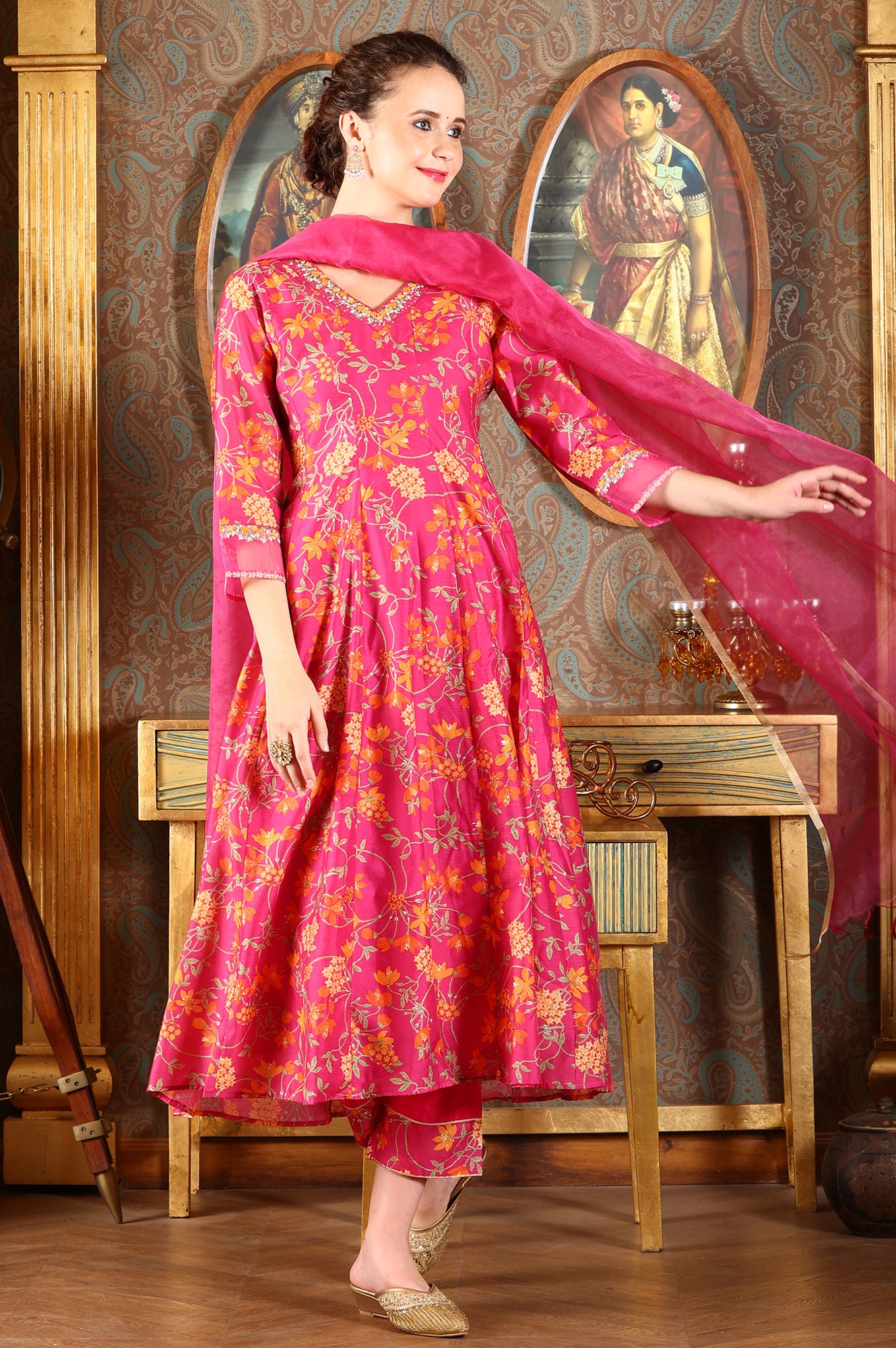 Magenta Pink Floral Printed Kalidar Flared Chanderi Kurta & Pants Set With Dupatta