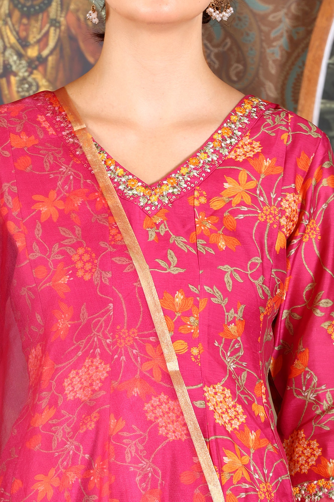 Magenta Pink Floral Printed Kalidar Flared Chanderi Kurta & Pants Set With Dupatta