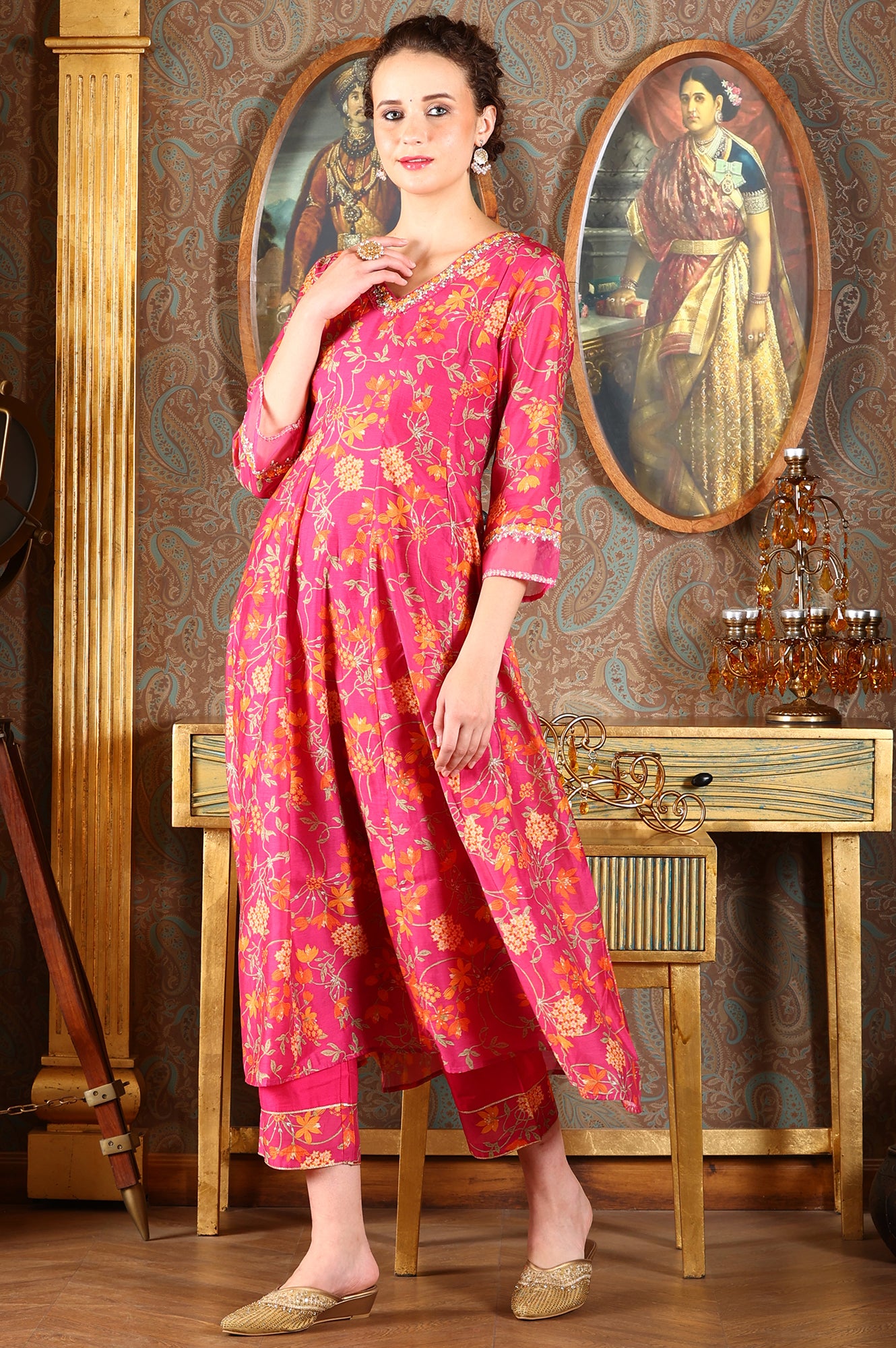 Magenta Pink Floral Printed Kalidar Flared Chanderi Kurta & Pants Set With Dupatta