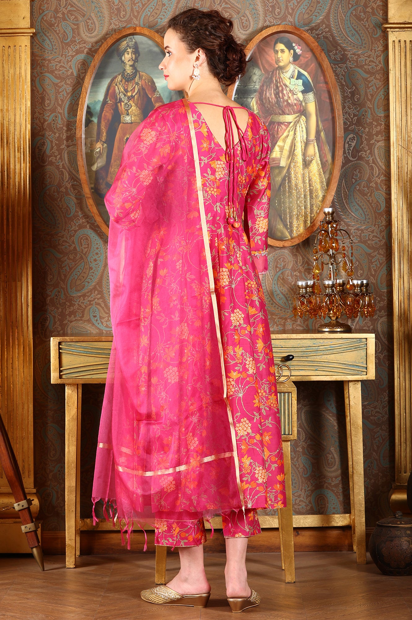 Magenta Pink Floral Printed Kalidar Flared Chanderi Kurta & Pants Set With Dupatta