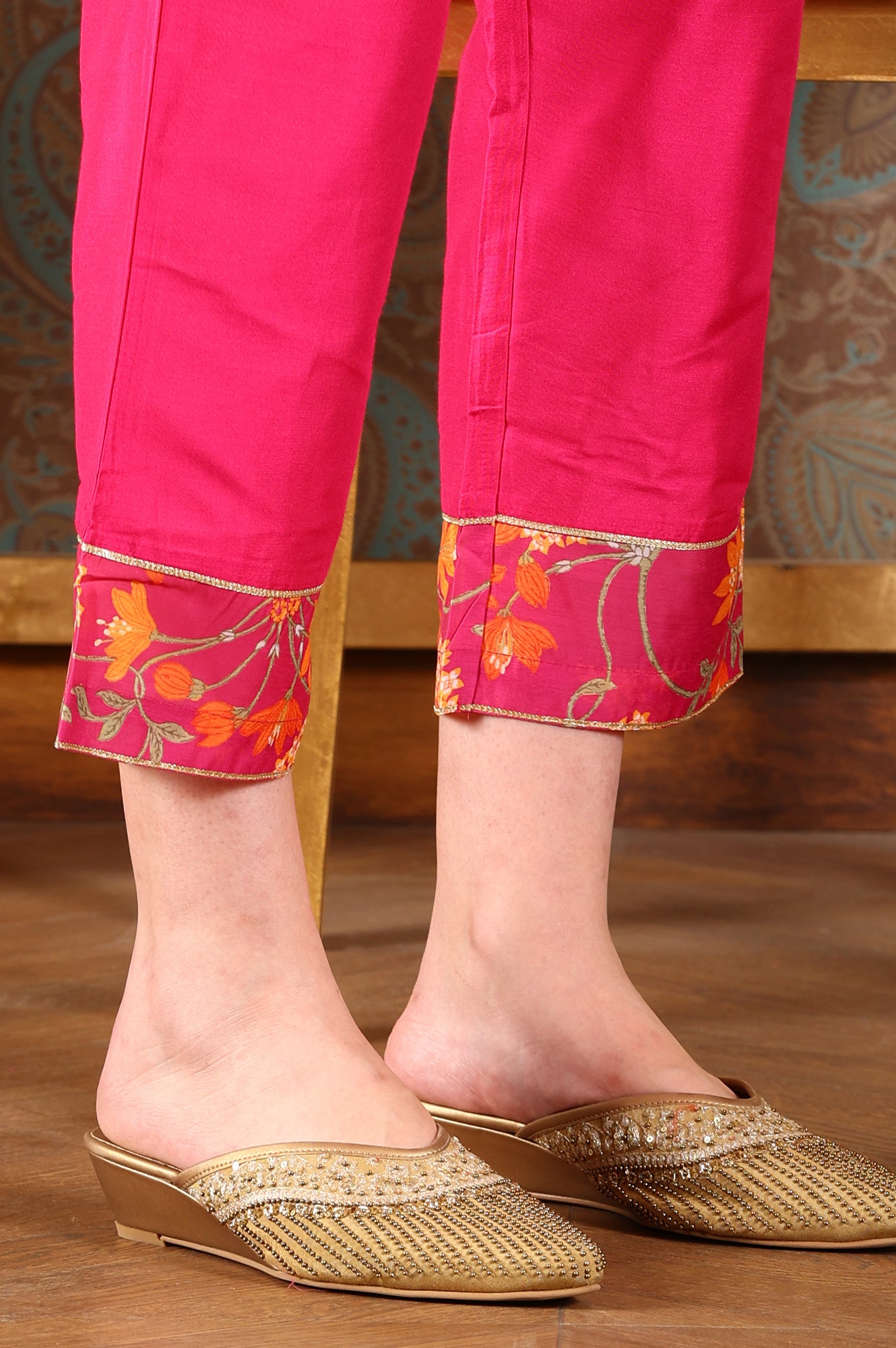 Magenta Pink Floral Printed Kalidar Flared Chanderi Kurta & Pants Set With Dupatta