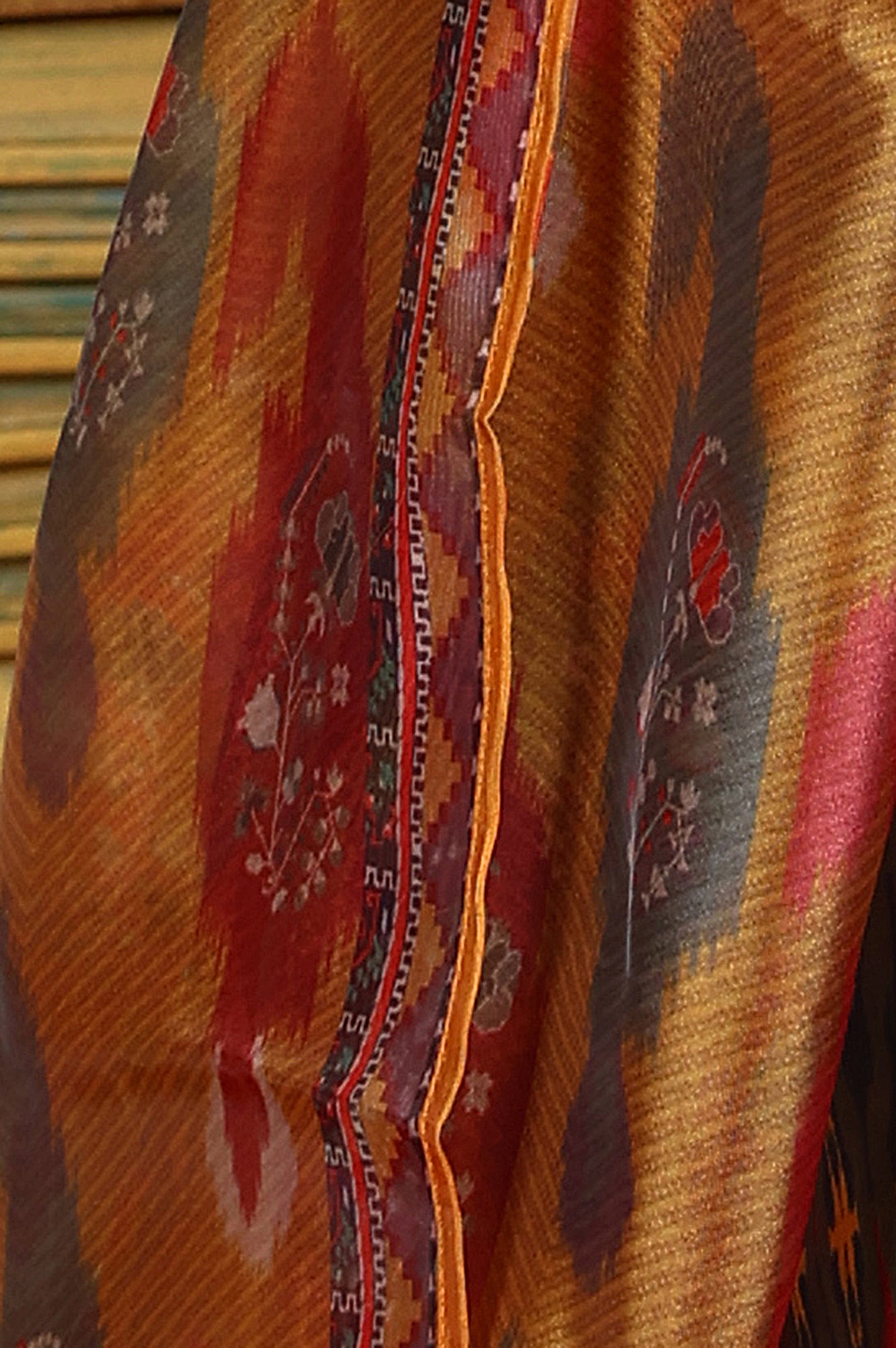 Green Ikkat Printed Embellished Organza Anarkali Kurta, Pants And Dupatta Set