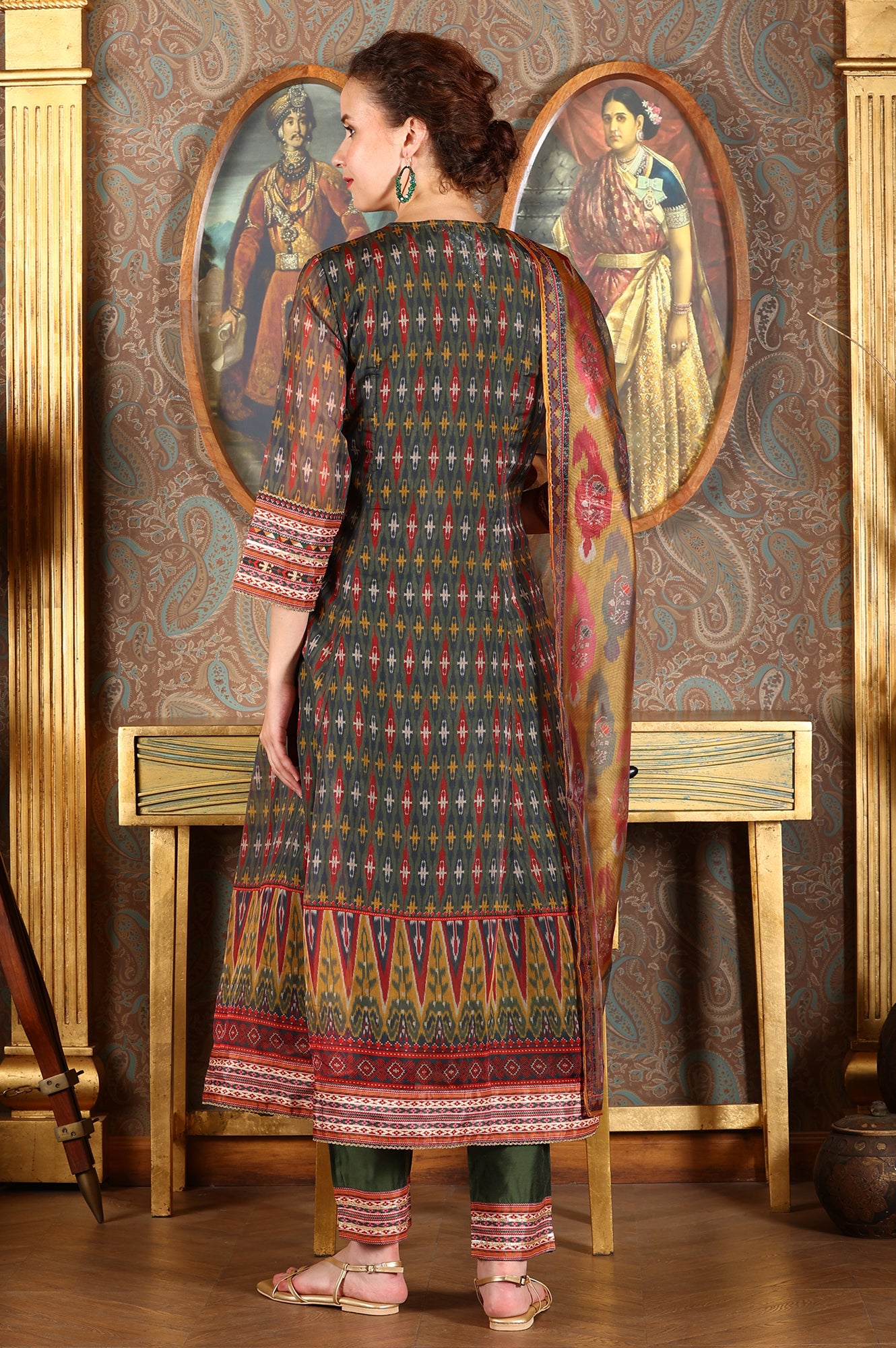 Green Ikkat Printed Embellished Organza Anarkali Kurta, Pants And Dupatta Set