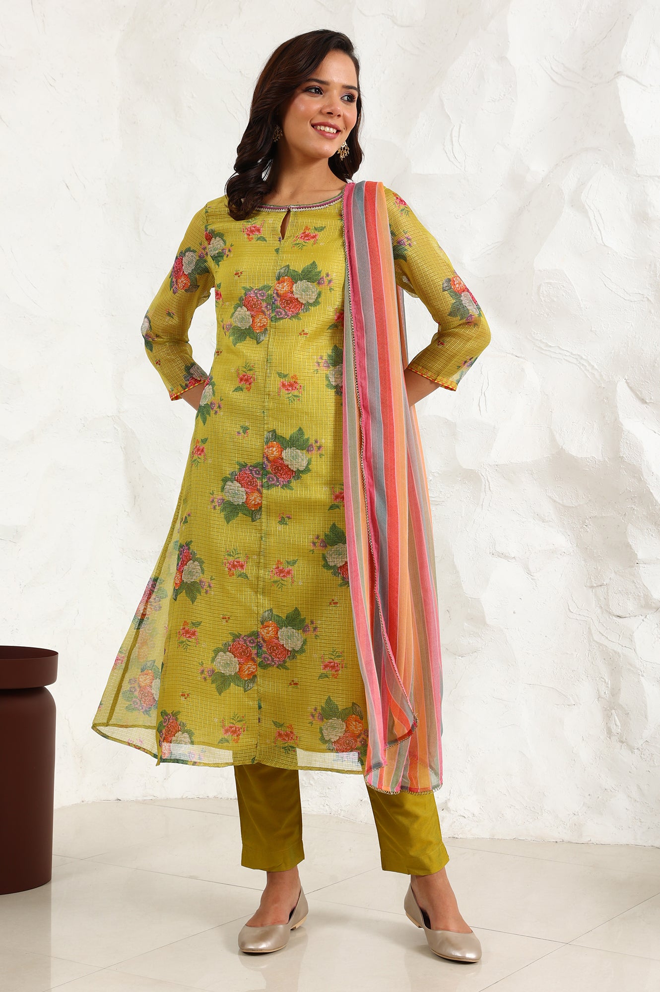 Celery Green Floral Printed Sequined Kota Flared Kurta, Slim Pants And Dupatta Set - wforwoman