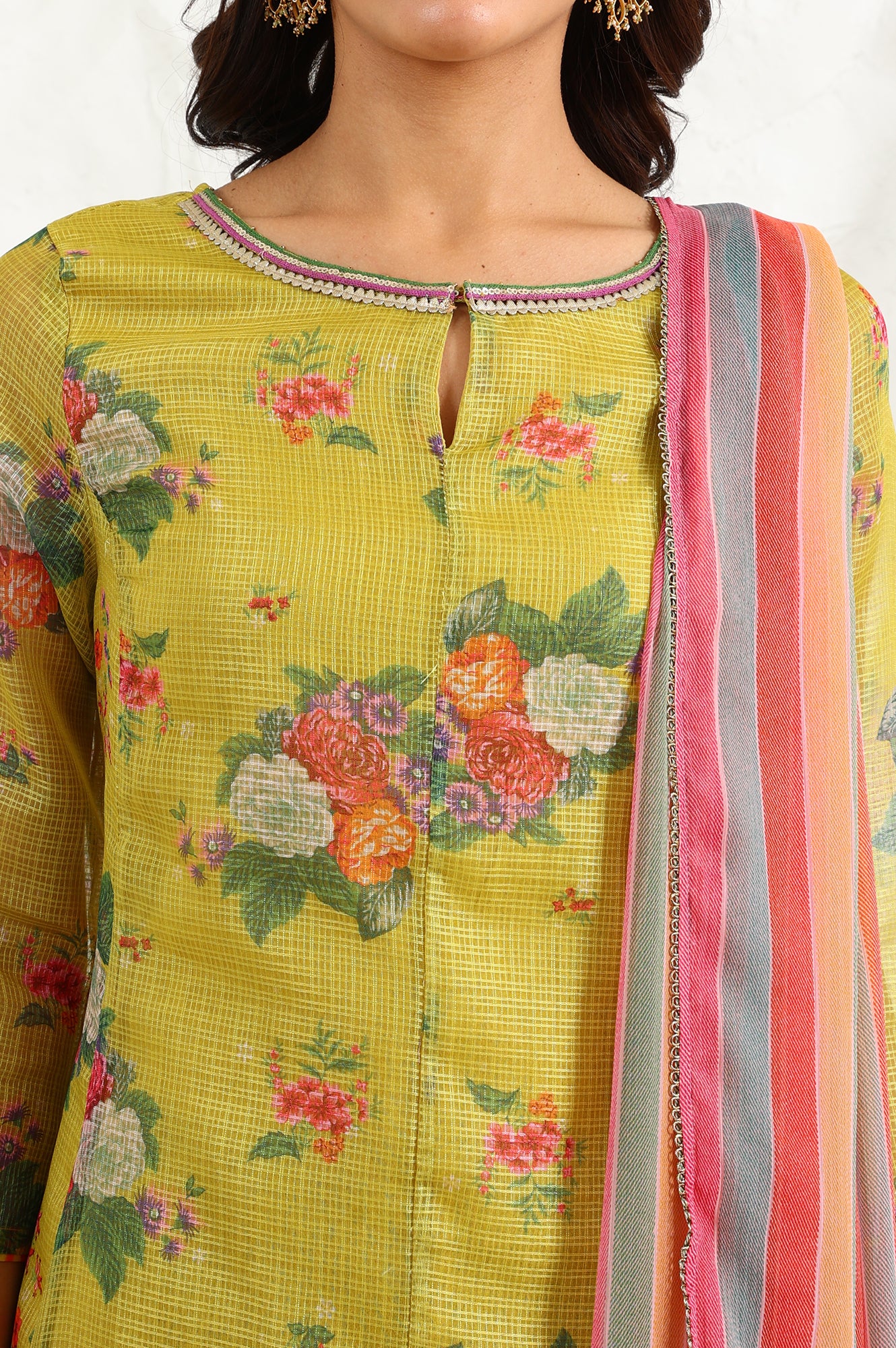 Celery Green Floral Printed Sequined Kota Flared Kurta, Slim Pants And Dupatta Set - wforwoman