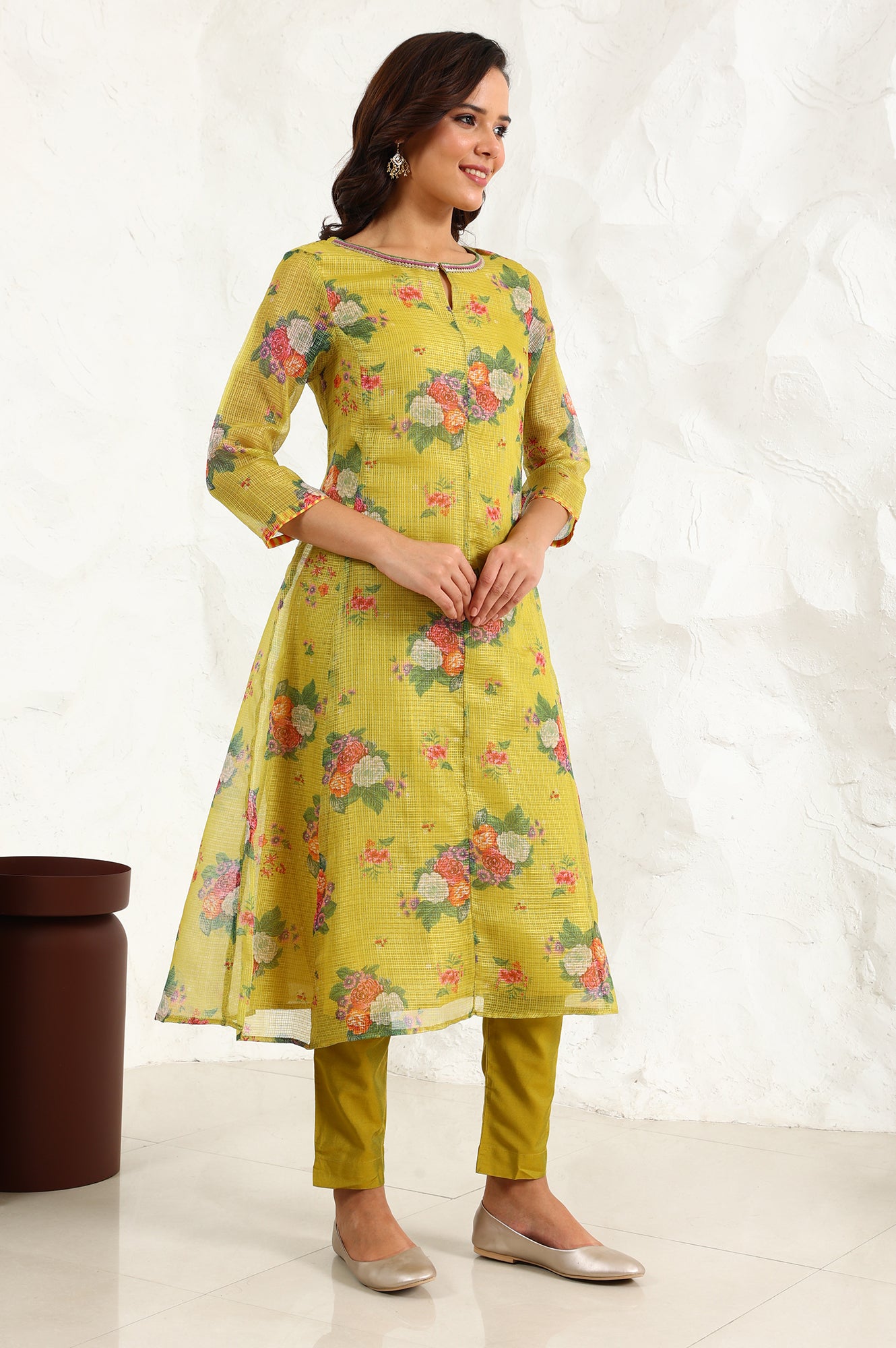 Celery Green Floral Printed Sequined Kota Flared Kurta, Slim Pants And Dupatta Set - wforwoman