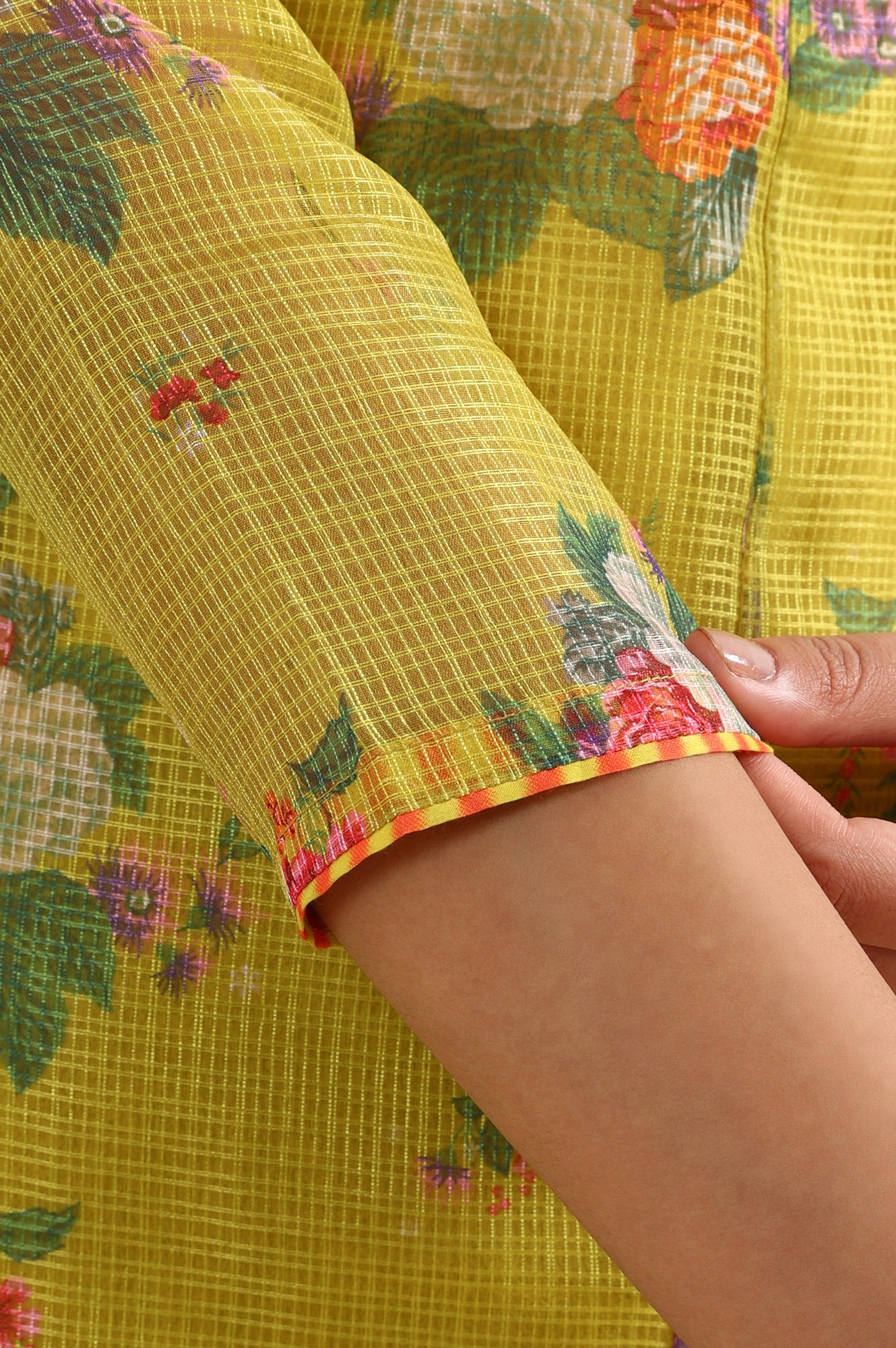 Celery Green Floral Printed Sequined Kota Flared Kurta, Slim Pants And Dupatta Set - wforwoman