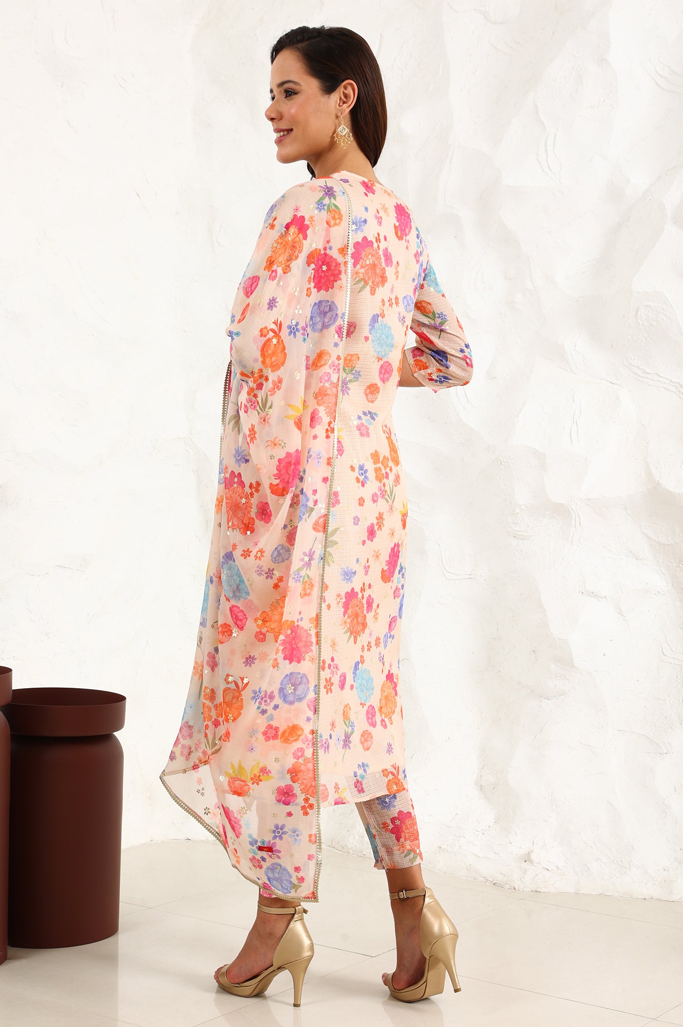 Cream Floral Printed Sequined Kota Flared Kurta, Pants And Dupatta Set - wforwoman