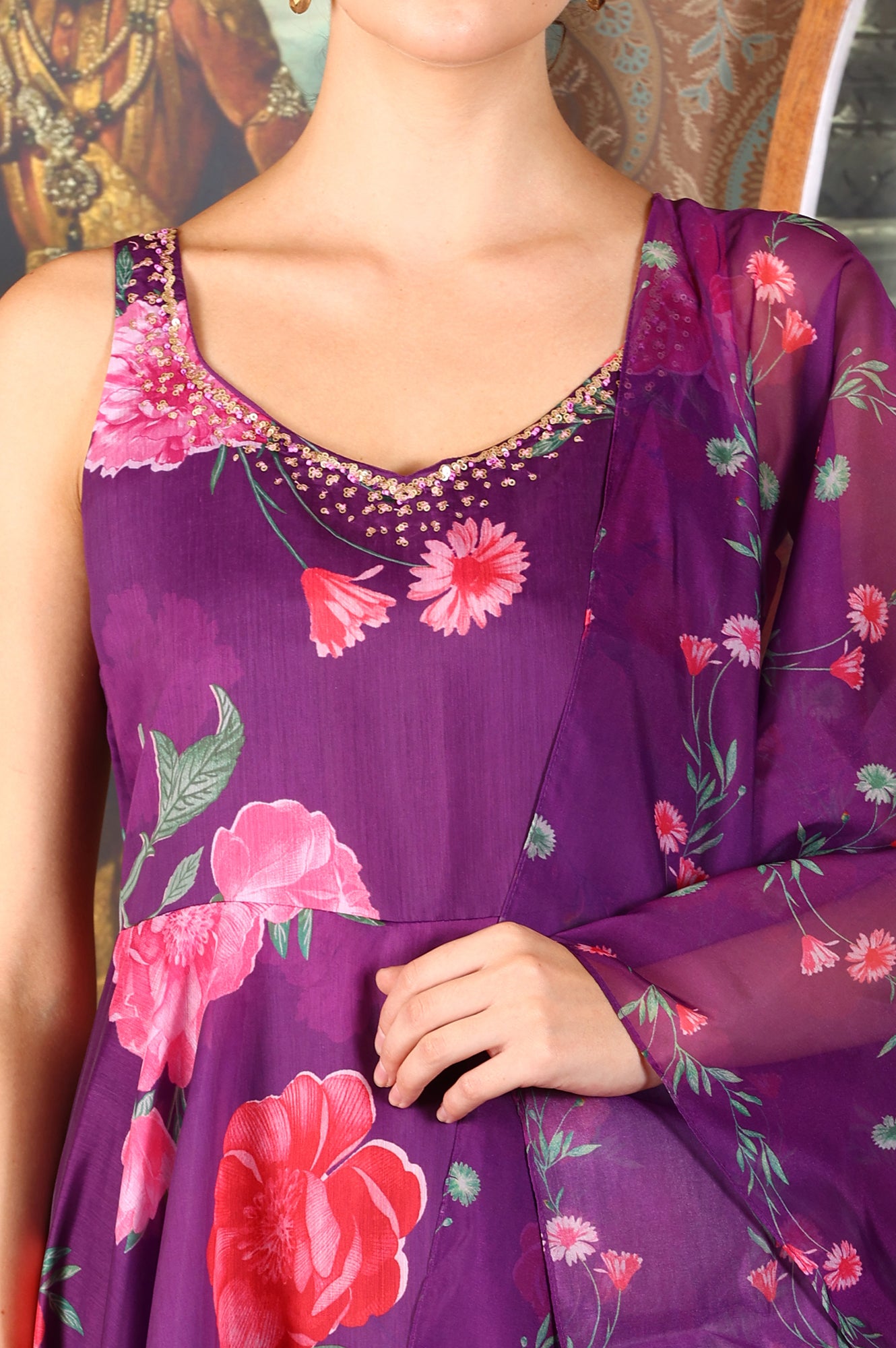 Purple Floral Printed Sequined Circular Flared Kurta, Pants And Dupatta Set