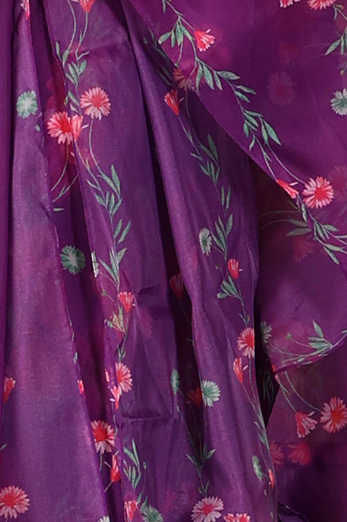 Purple Floral Printed Sequined Circular Flared Kurta, Pants And Dupatta Set