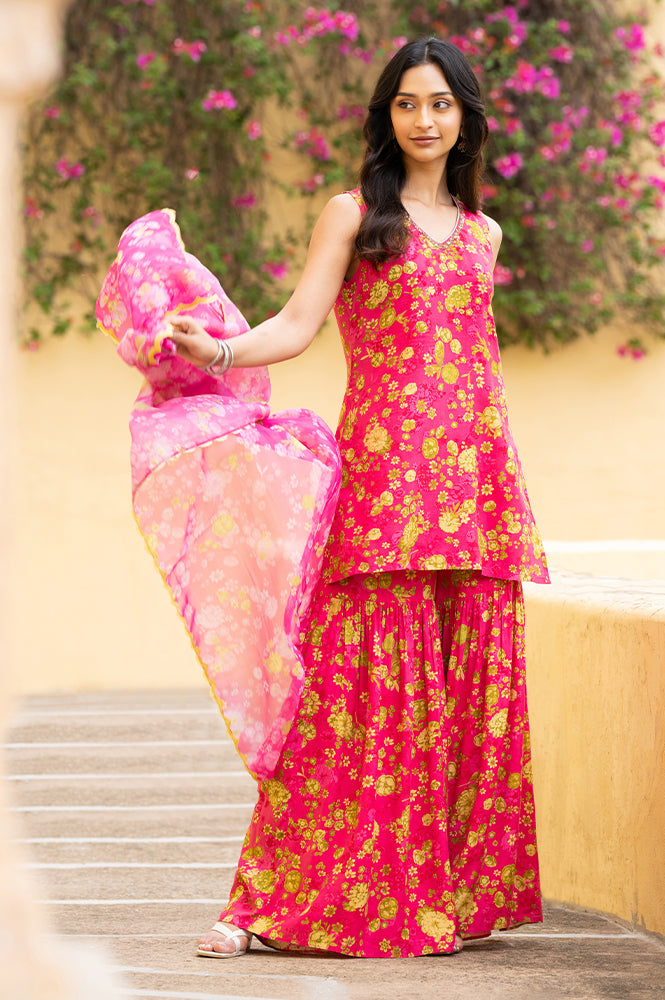 Pink Floral Printed Sleeveless Short Kurta, Sharara And Dupatta Set