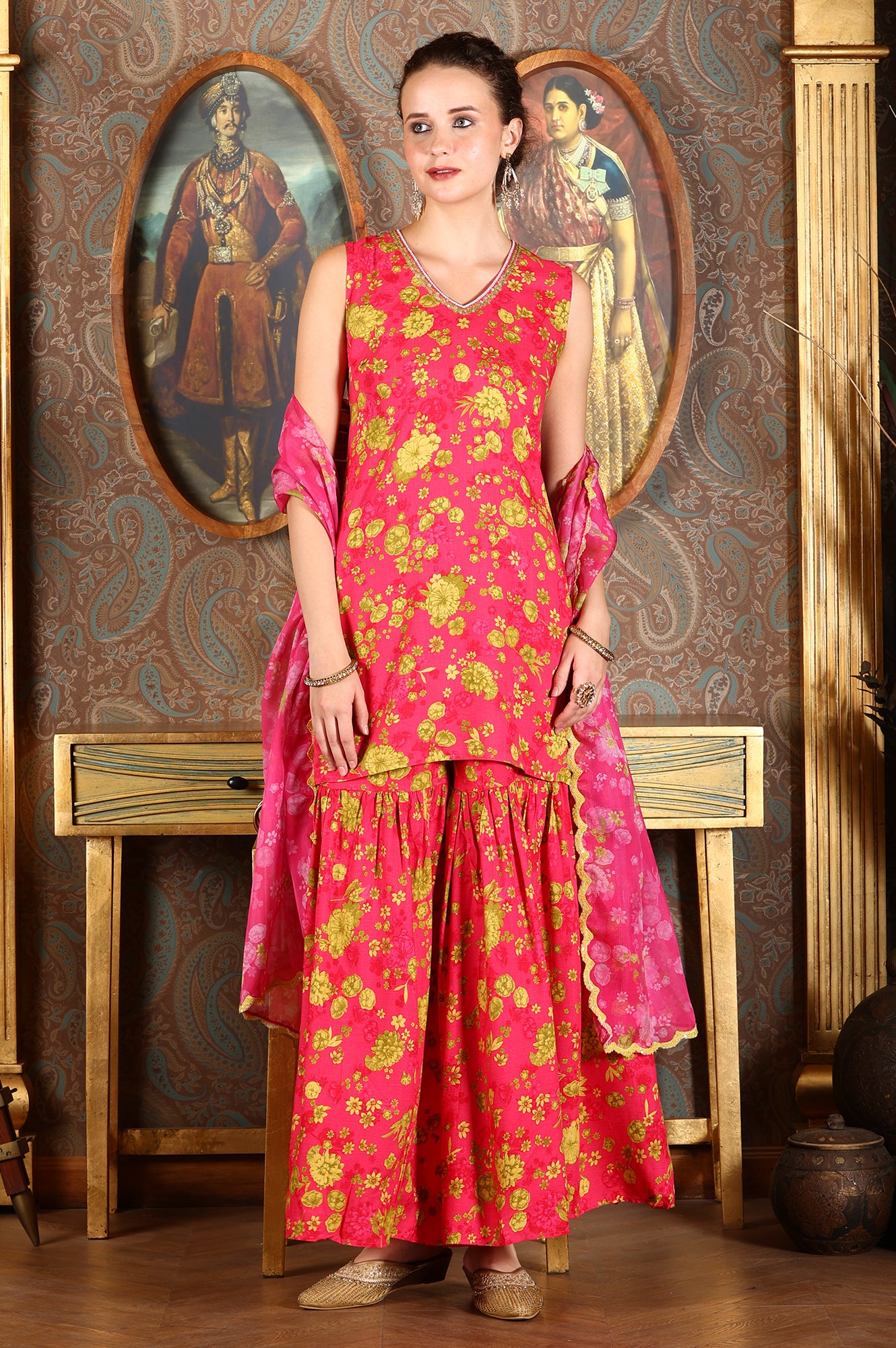 Pink Floral Printed Sleeveless Short Kurta, Sharara And Dupatta Set
