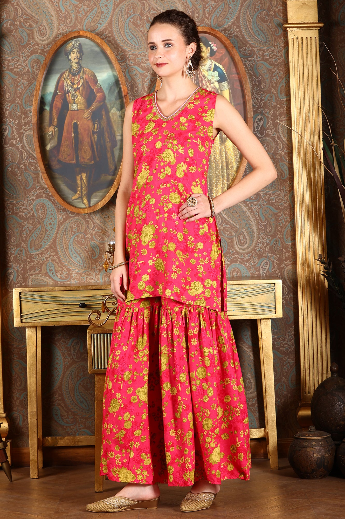 Pink Floral Printed Sleeveless Short Kurta, Sharara And Dupatta Set