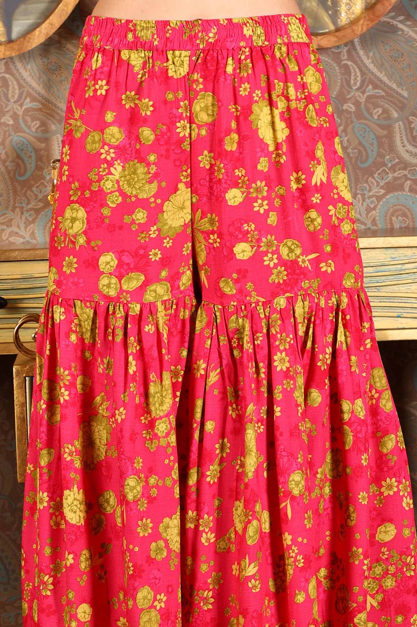 Pink Floral Printed Sleeveless Short Kurta, Sharara And Dupatta Set