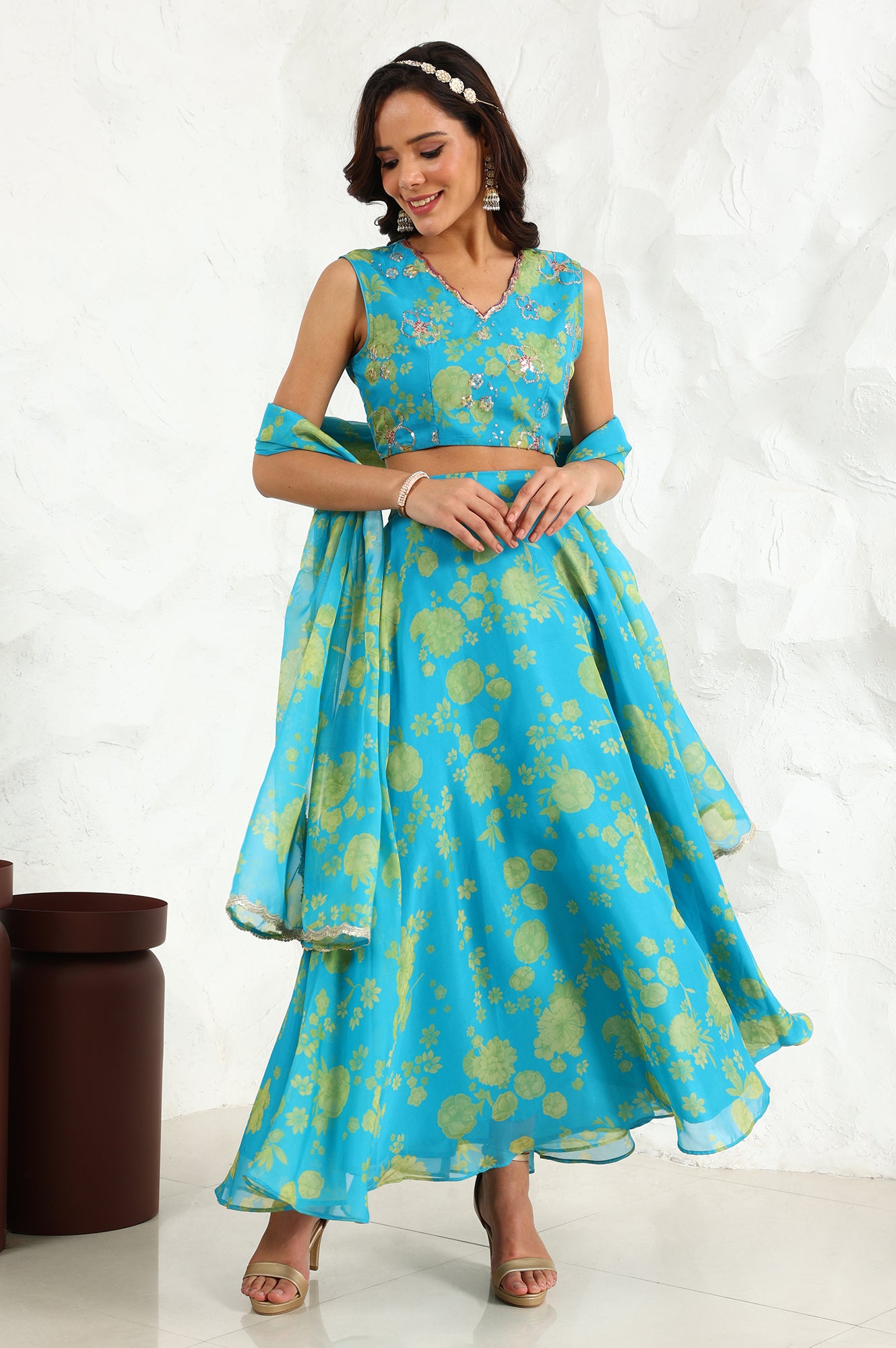 Capri Blue Breezy Floral Printed Sequined Sleeveless Crop Top, Flared Skirt Set With Dupatta Set - wforwoman