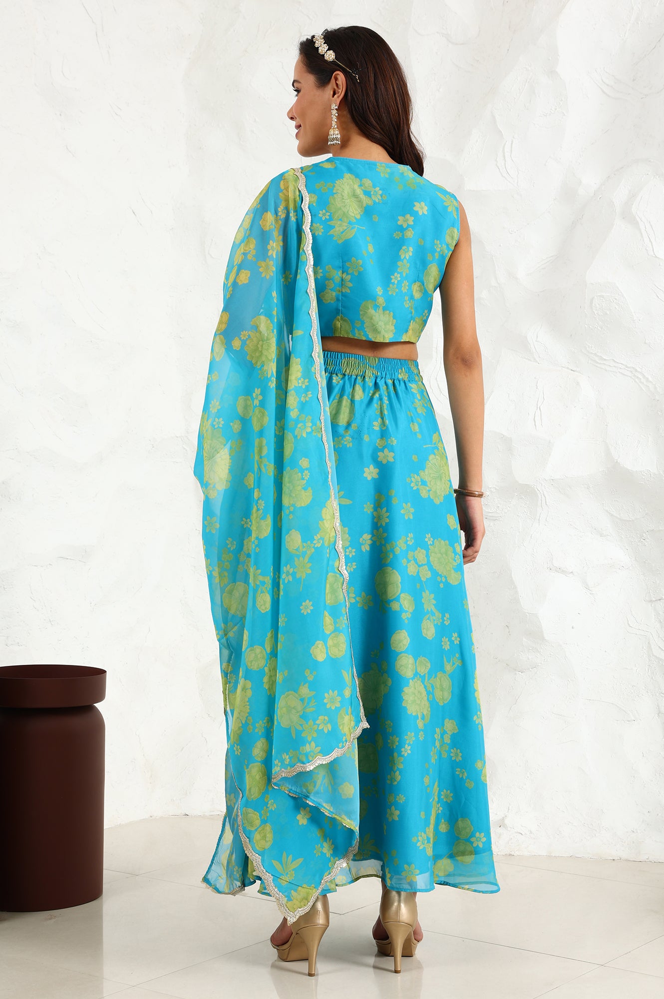Capri Blue Breezy Floral Printed Sequined Sleeveless Crop Top, Flared Skirt Set With Dupatta Set - wforwoman