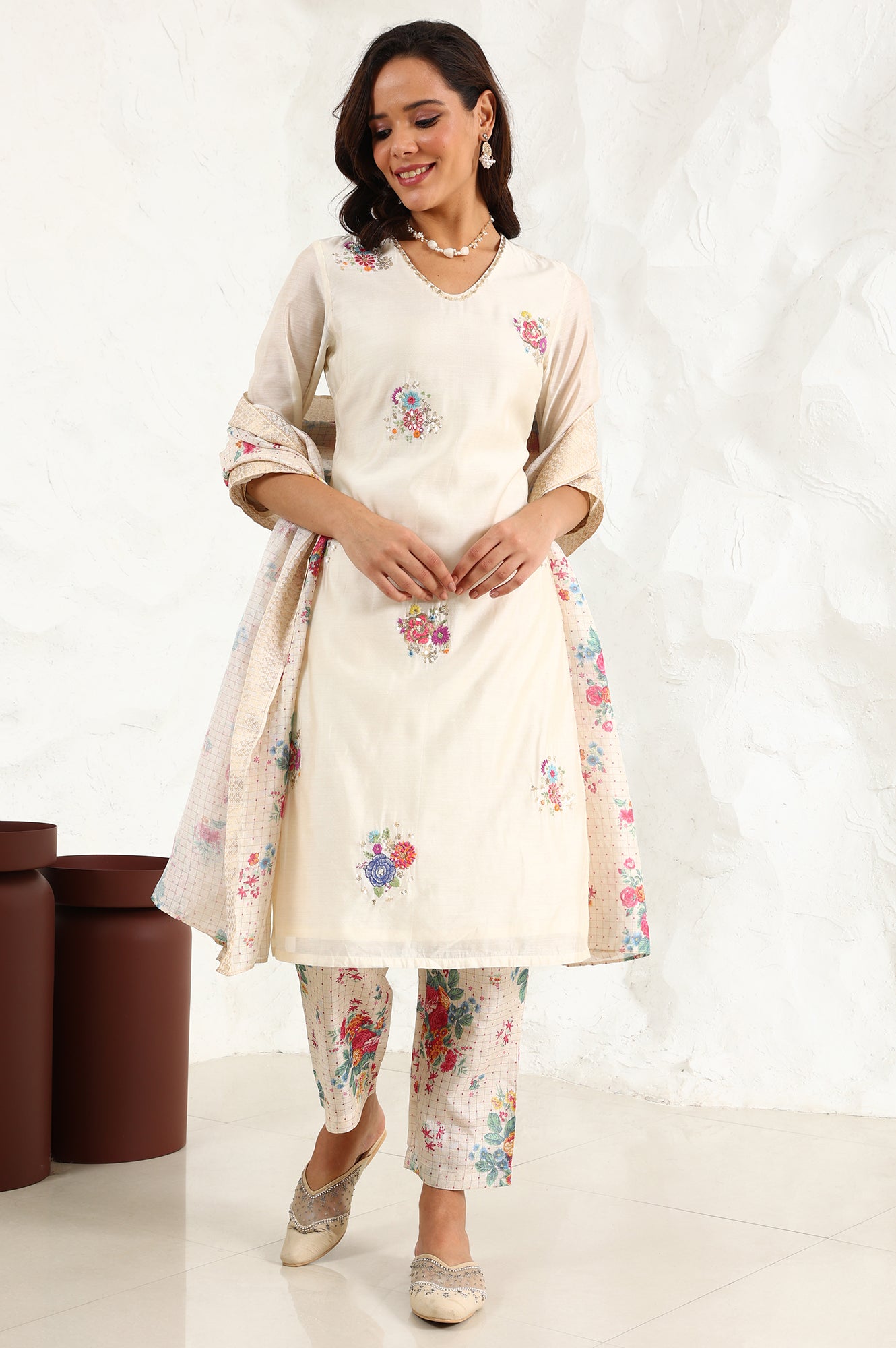Beige Floral Embroidered Chanderi Straight Kurta, Pants And Dupatta Set - wforwoman