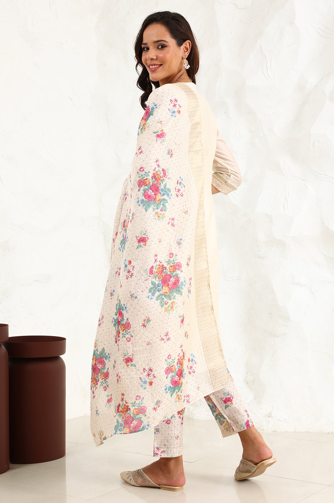 Beige Floral Embroidered Chanderi Straight Kurta, Pants And Dupatta Set - wforwoman