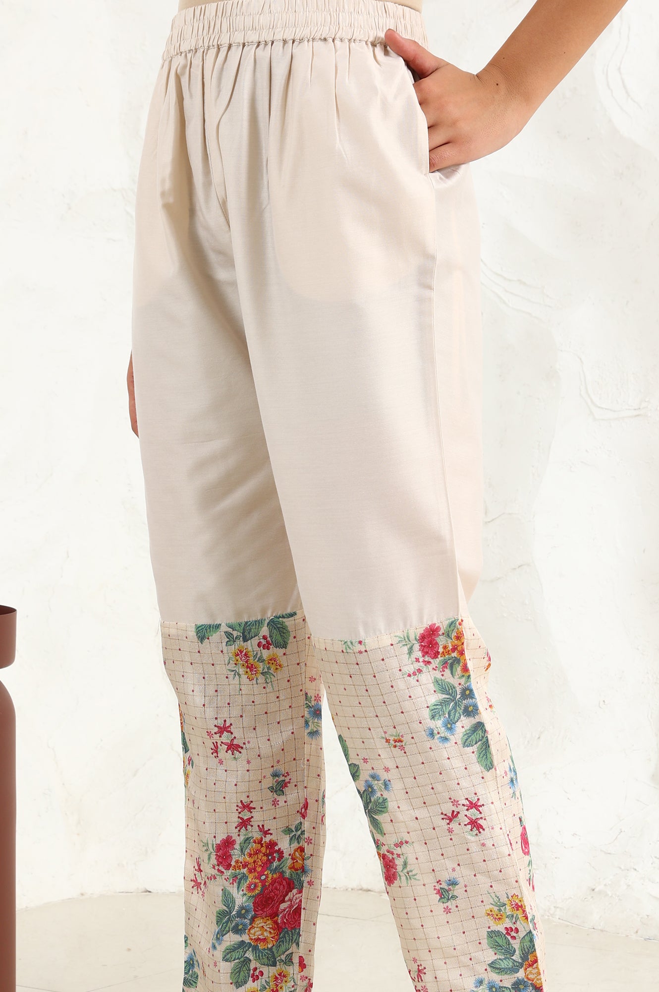Beige Floral Embroidered Chanderi Straight Kurta, Pants And Dupatta Set