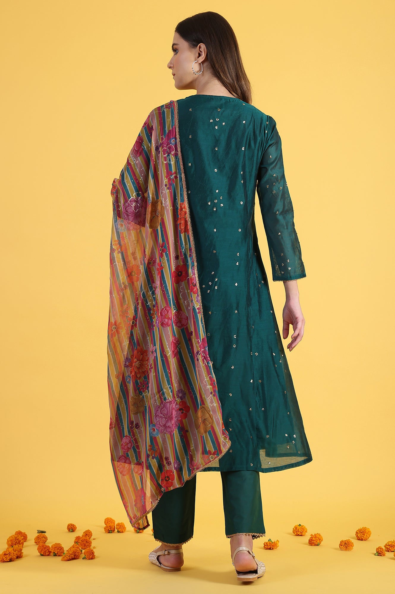 Green Solid SequinsFlared Kurta & Straight pant with Dupatta Set