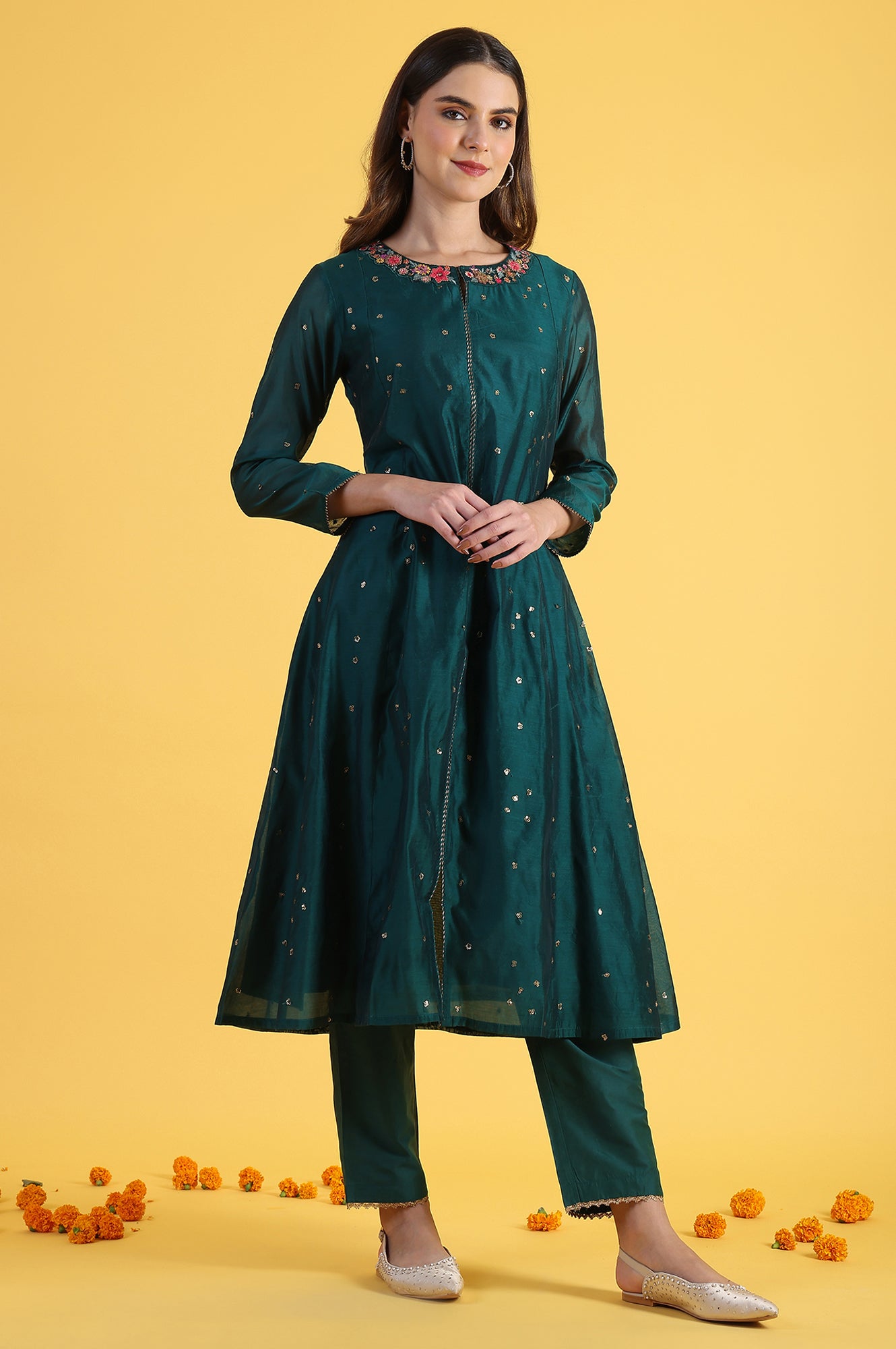 Green Solid SequinsFlared Kurta & Straight pant with Dupatta Set