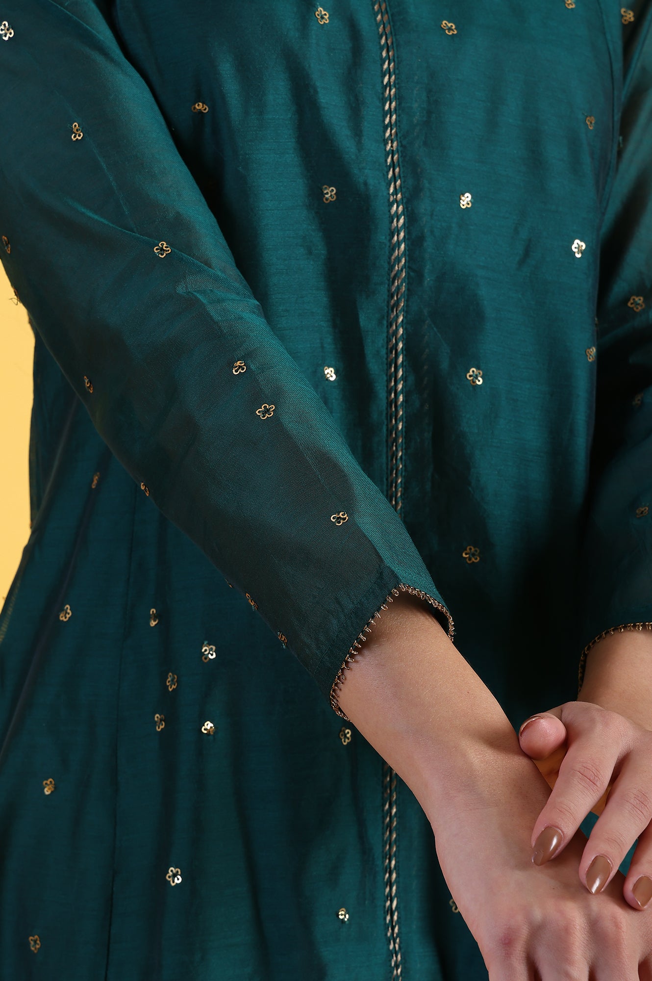 Green Solid SequinsFlared Kurta & Straight pant with Dupatta Set