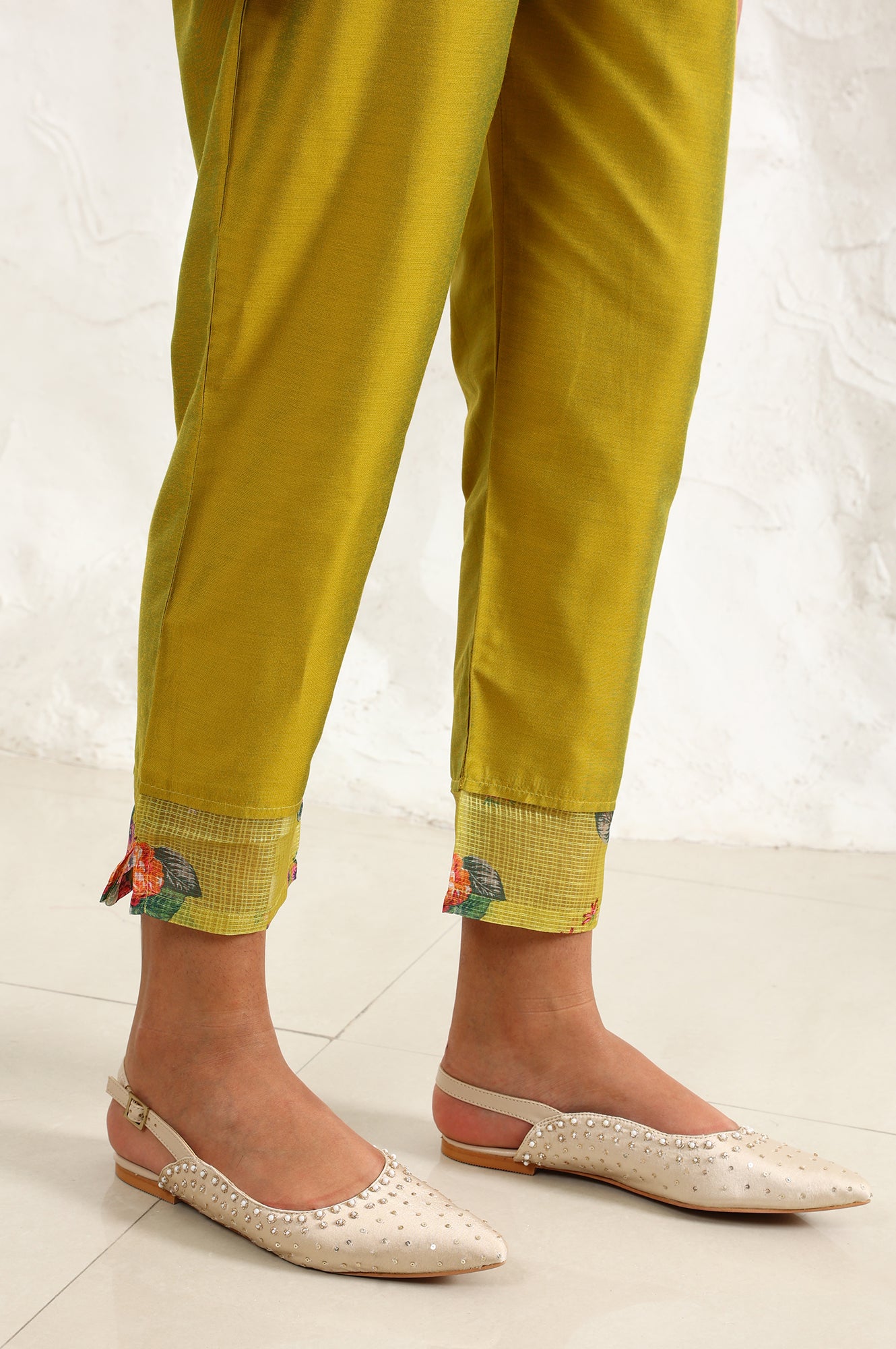 Celery Green Floral Printed Sequined Kota Straight Kurta, Slim Pants And Dupatta Set