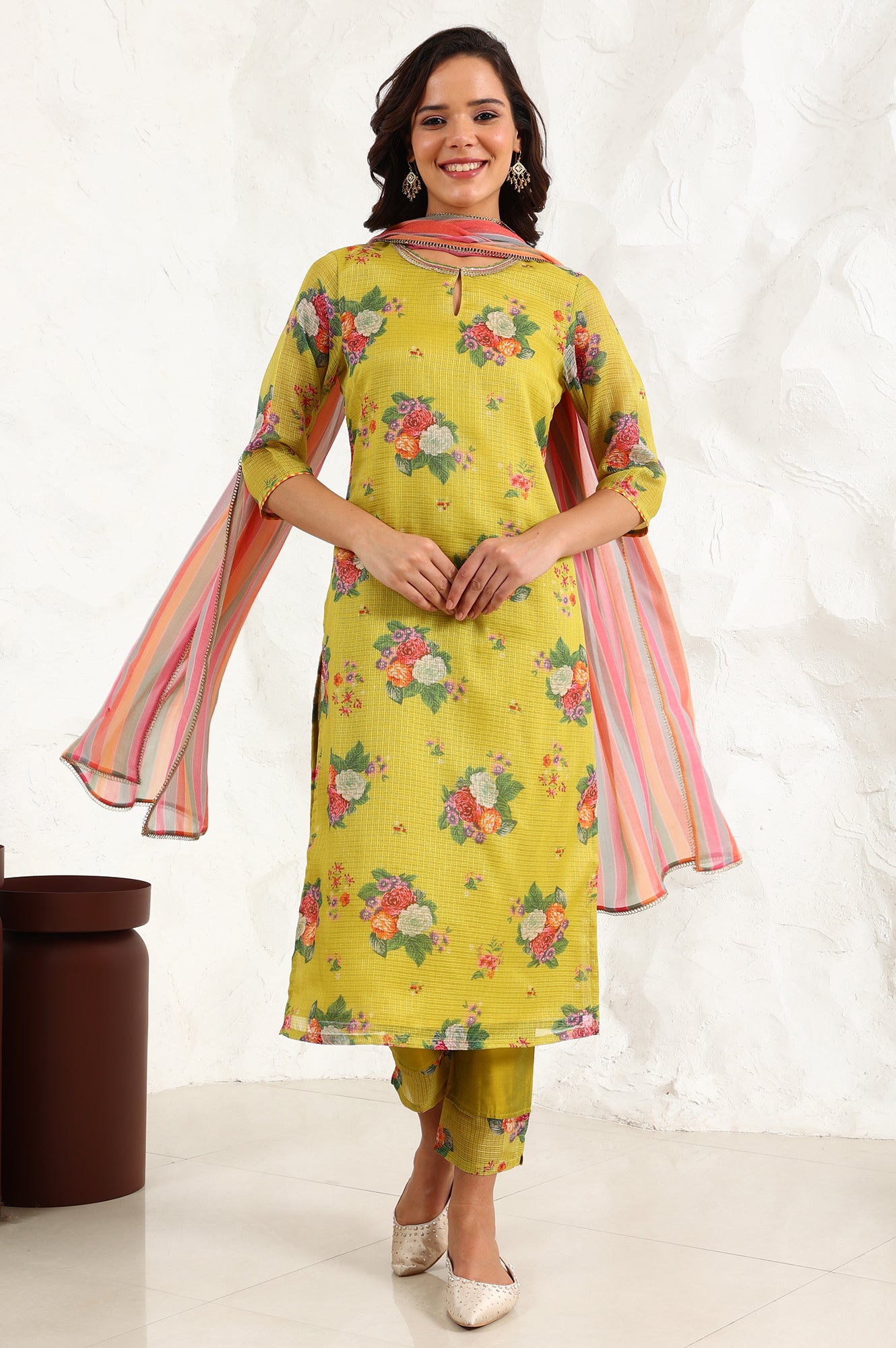 Celery Green Floral Printed Sequined Kota Straight Kurta, Slim Pants And Dupatta Set - wforwoman