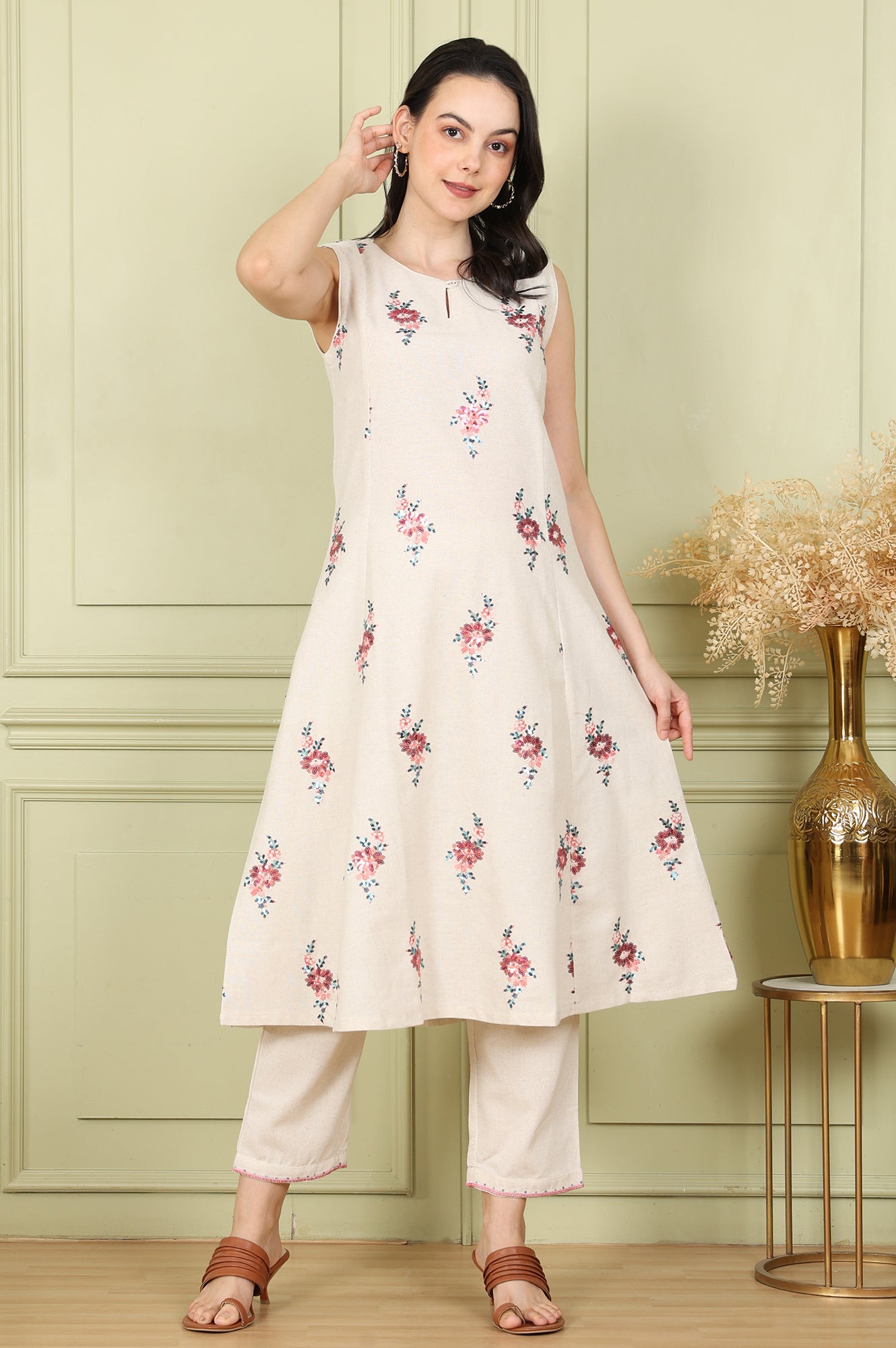 Beige Sleeveless Panelled Floral Sequined Linen Blend Flared Kurta With Straight Pants Set - wforwoman