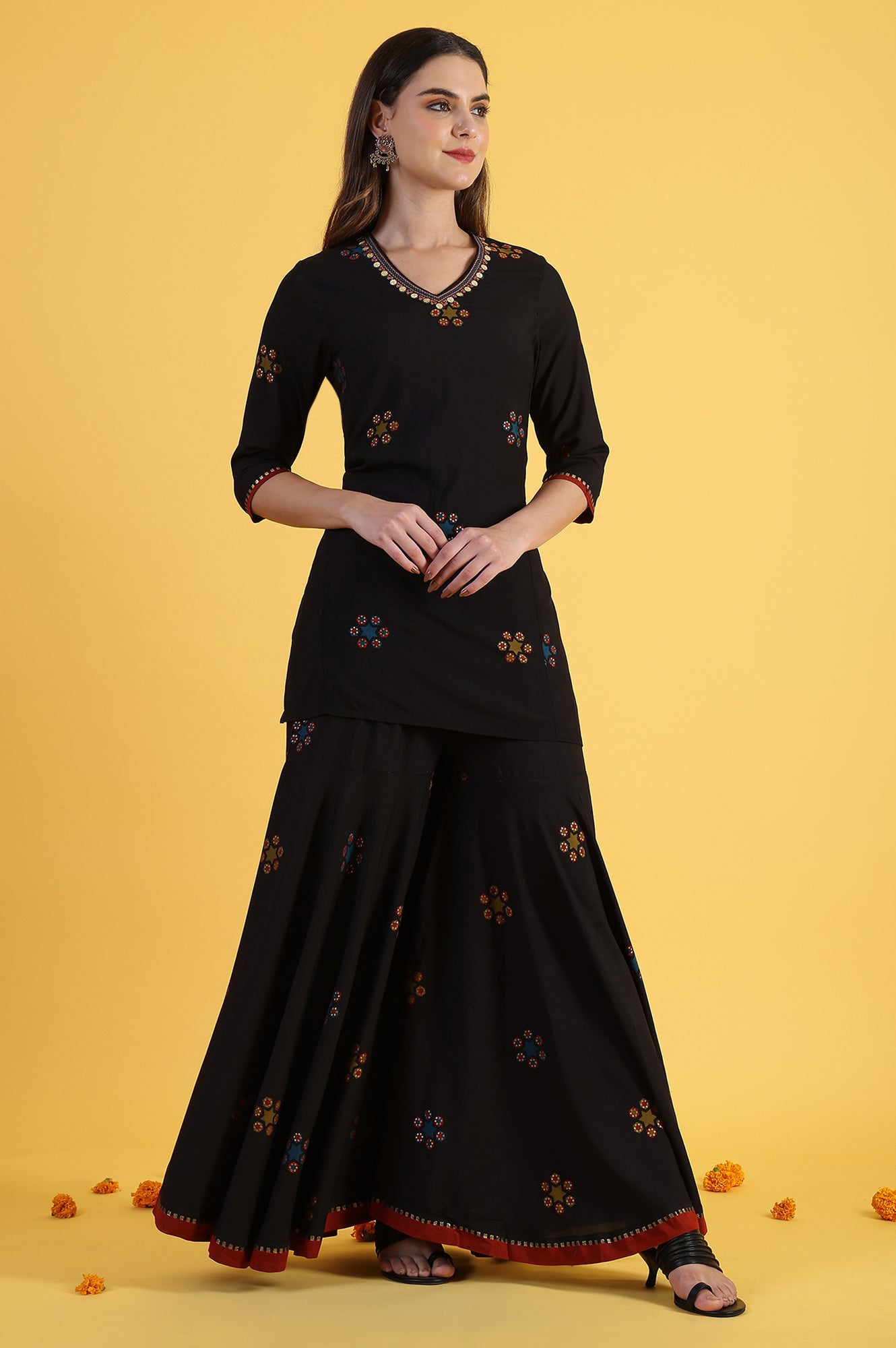 Black Printed Metallic Embroidery Straight Kurta & Sharara with Dupatta Set