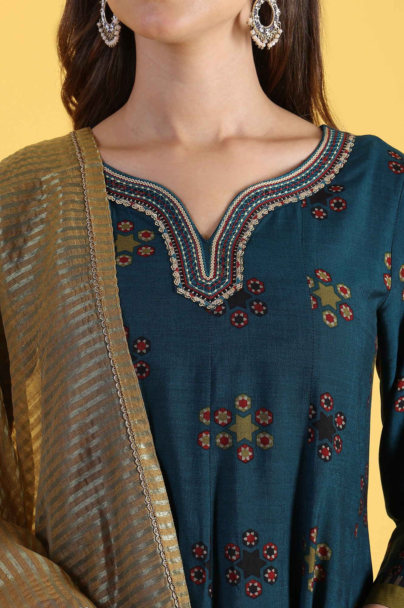 Blue Printed Sequins Flared Kurta & Flared Pants with Dupatta Set