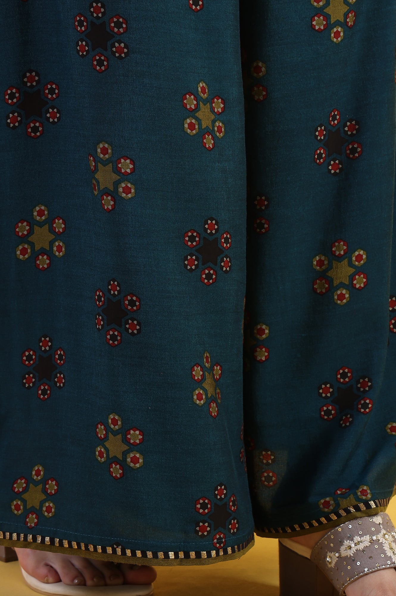 Blue Printed Sequins Flared Kurta & Flared Pants with Dupatta Set