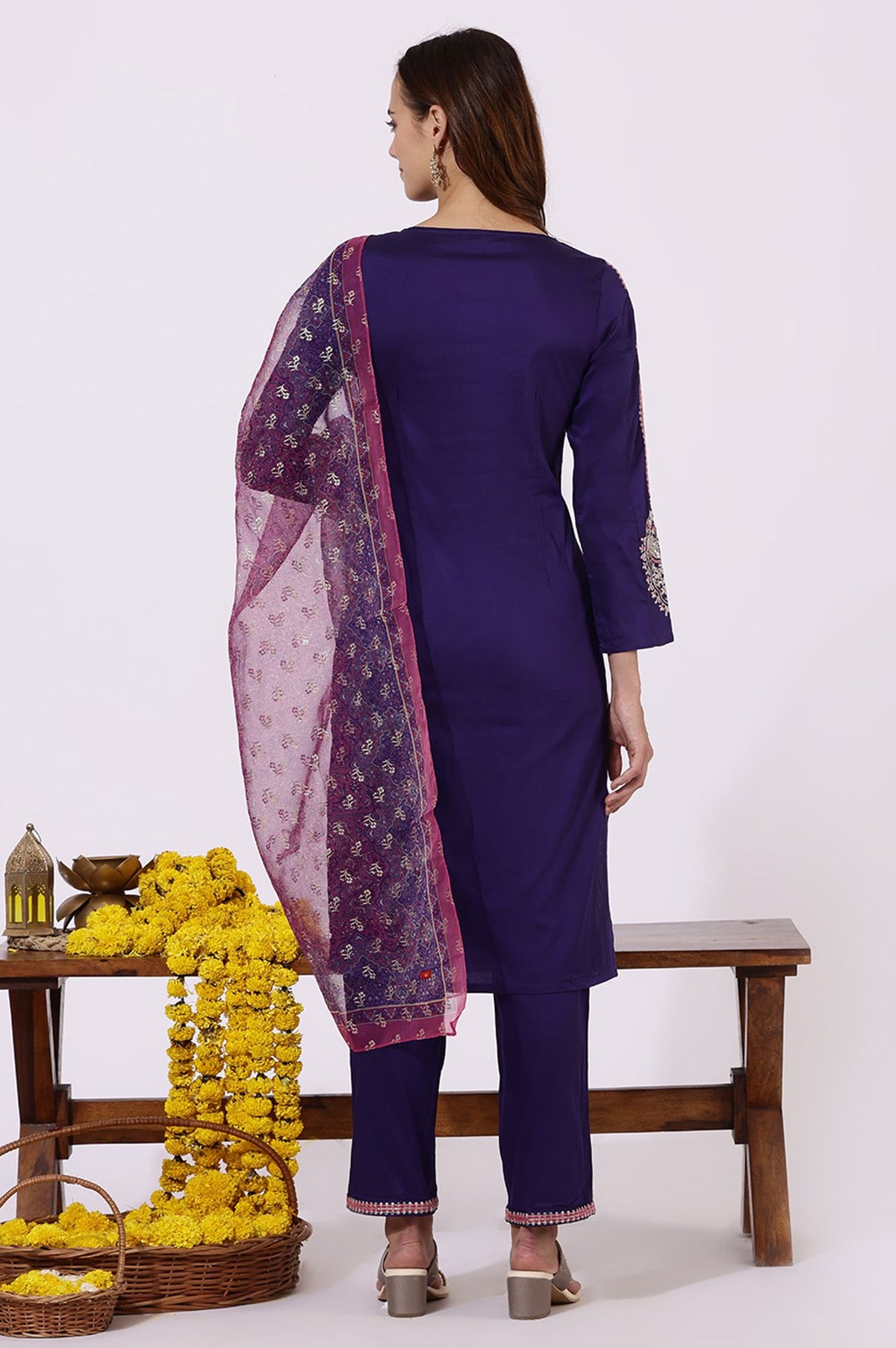 Purple Embroidered Straight Kurta with Pants and Dupatta Set