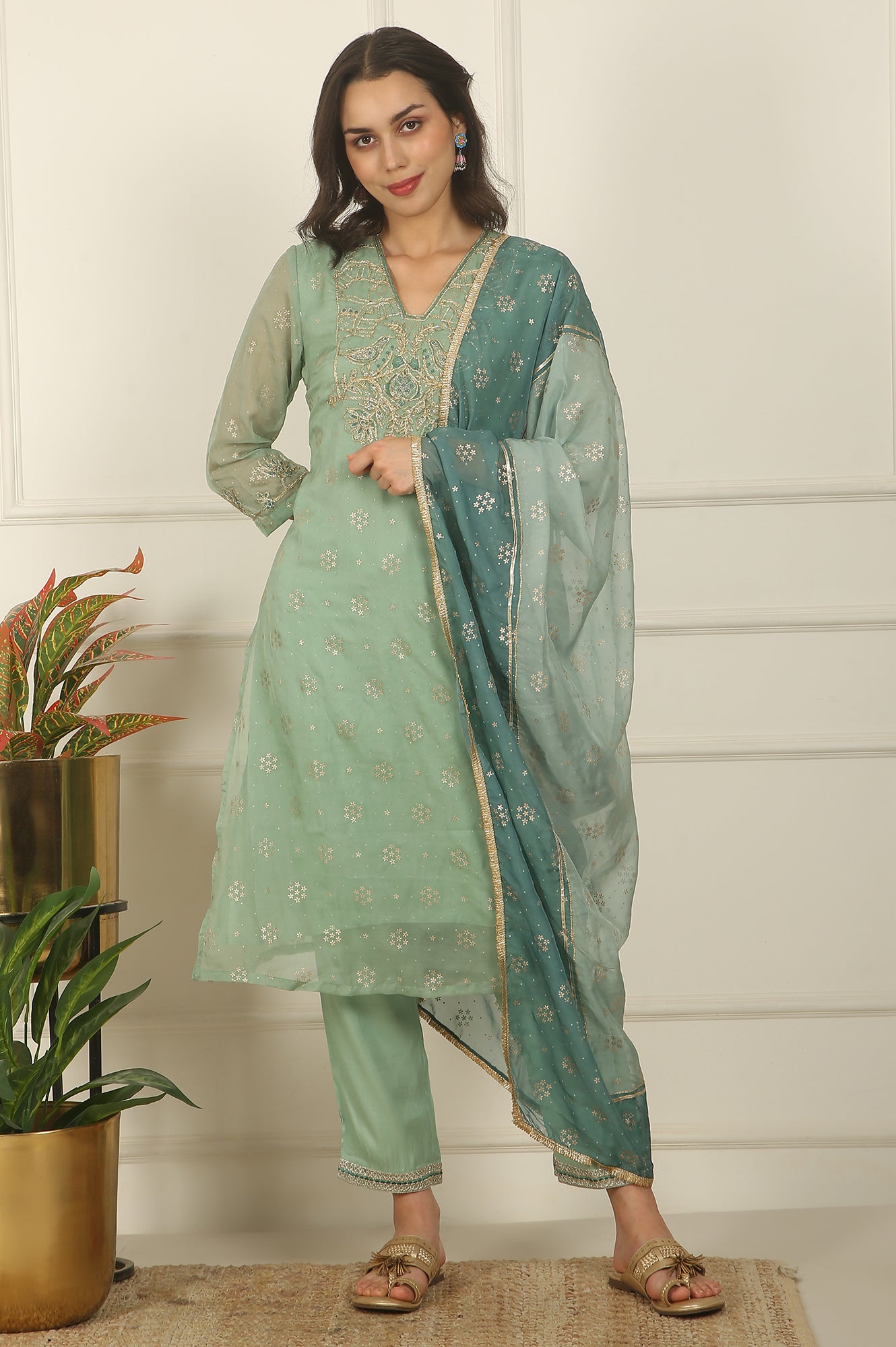 Green Metallic Embroidered Straight Organza Festive Kurta, Pant and Dupatta Set
