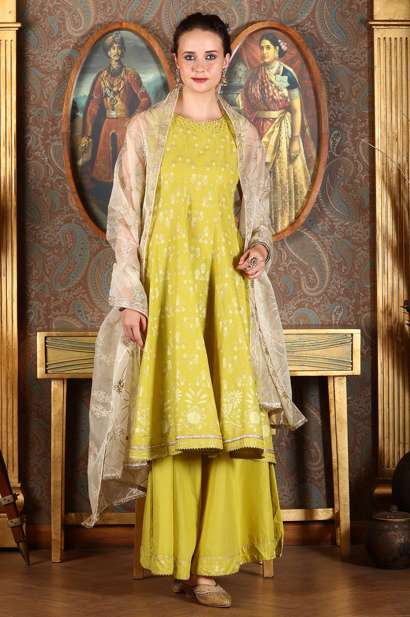 Green Glitter Printed Embellished Sleeveless Flared Kurta, Culottes And Embroidered Dupatta Set