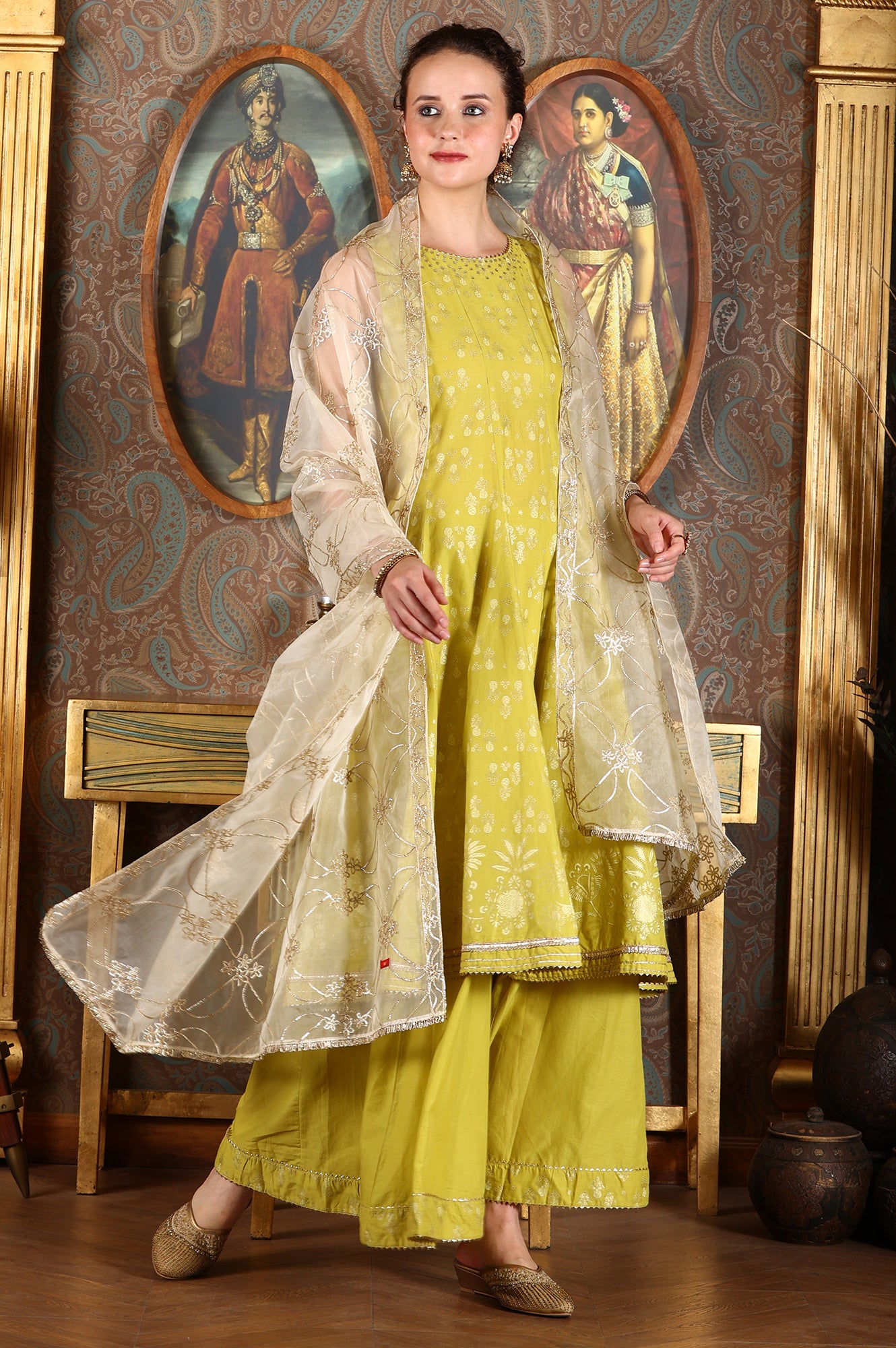 Green Glitter Printed Embellished Sleeveless Flared Kurta, Culottes And Embroidered Dupatta Set