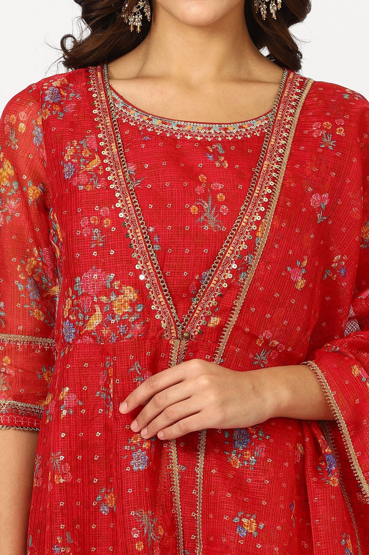 Red Floral Printed Sequins Kota Doria Flared Kurta with Slim Pants and Dupatta Set
