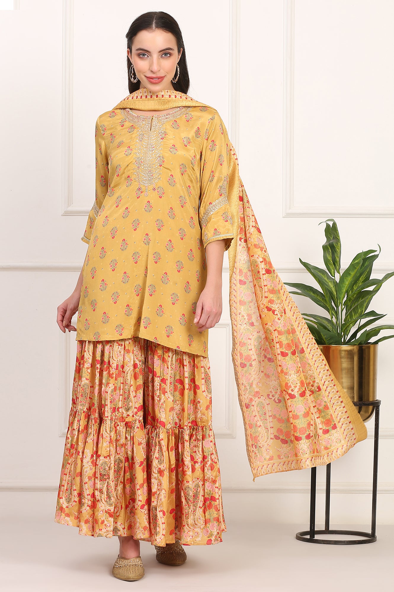 Yellow Embroidered Straight Shantung Kurta with Sharara and Dupatta Set